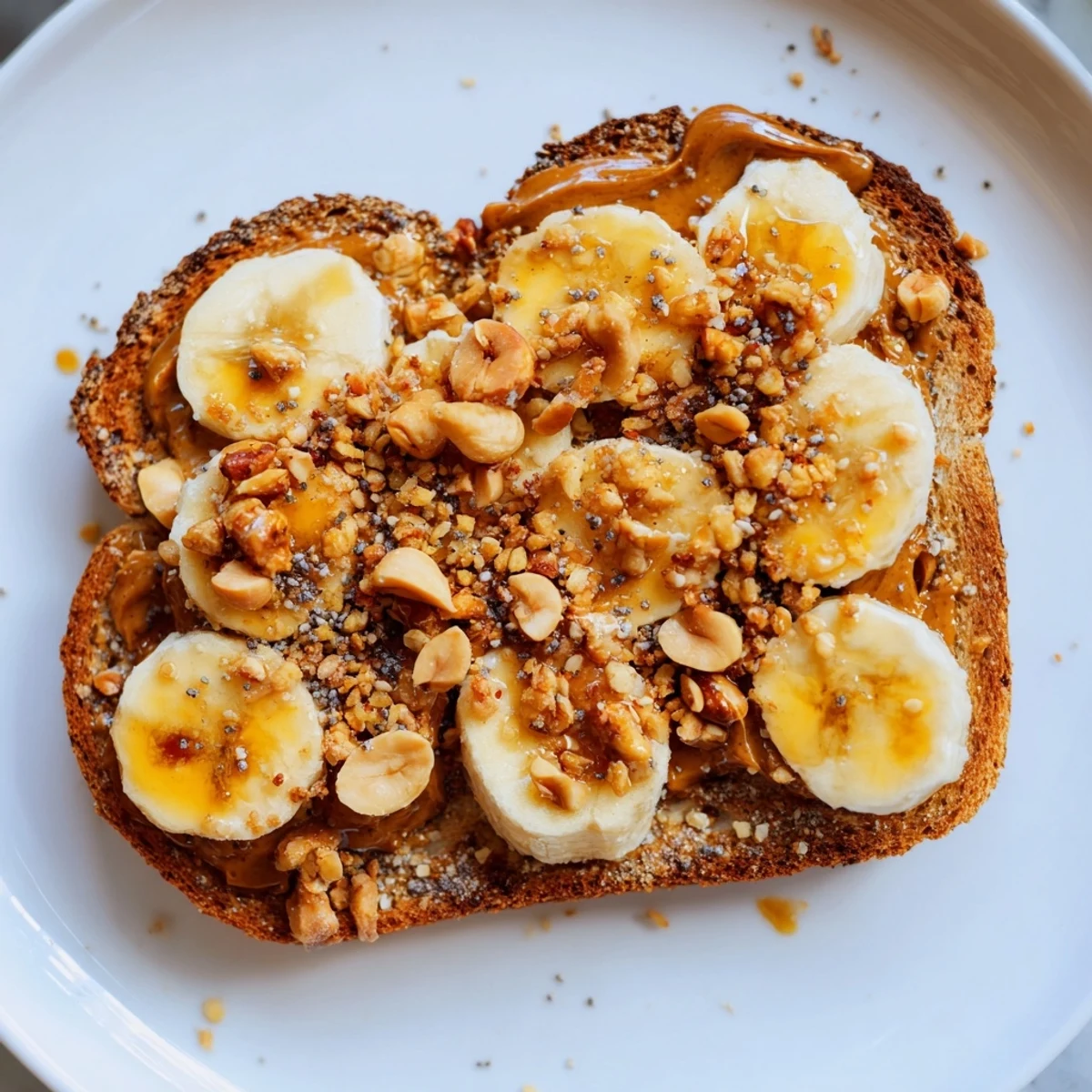 A close-up of a delicious peanut butter and banana sandwich with a drizzle of syrup and fresh banana slices.