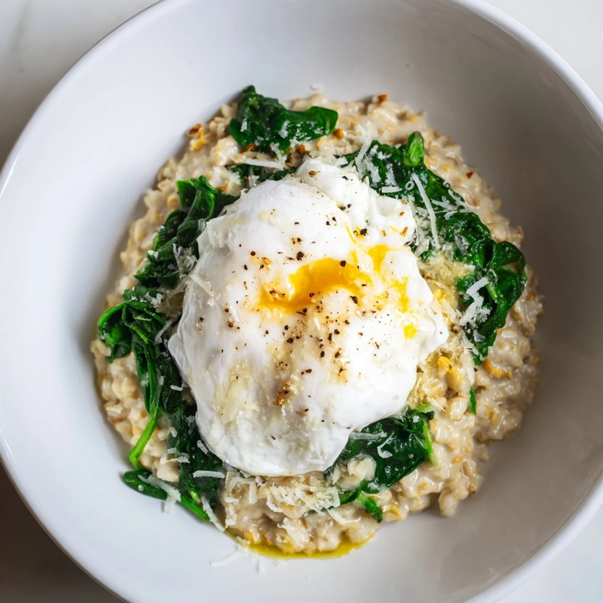 Creamy savoury oatmeal with spinach and a perfectly poached egg, ready for a delicious breakfast.