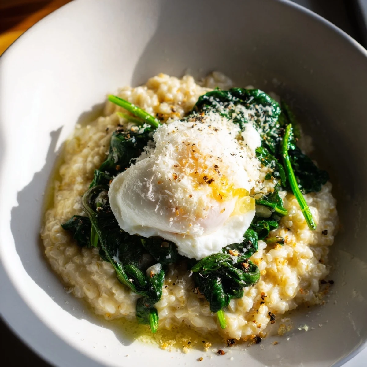 Visualize a warm bowl of savoury oatmeal with spinach topped with a golden poached egg, ready to enjoy.