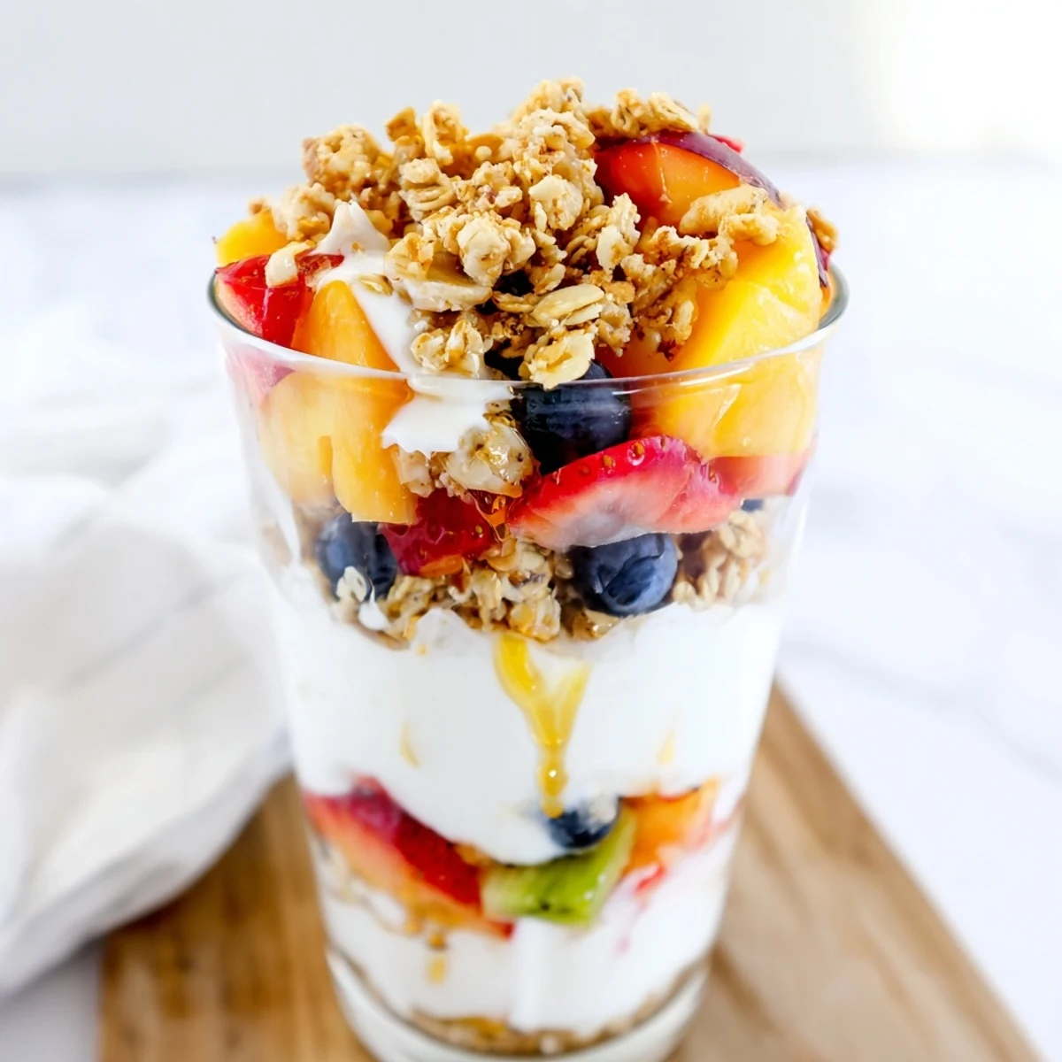 A beautiful view: Yogurt parfait showcasing colorful seasonal fruit and crunchy granola texture.
