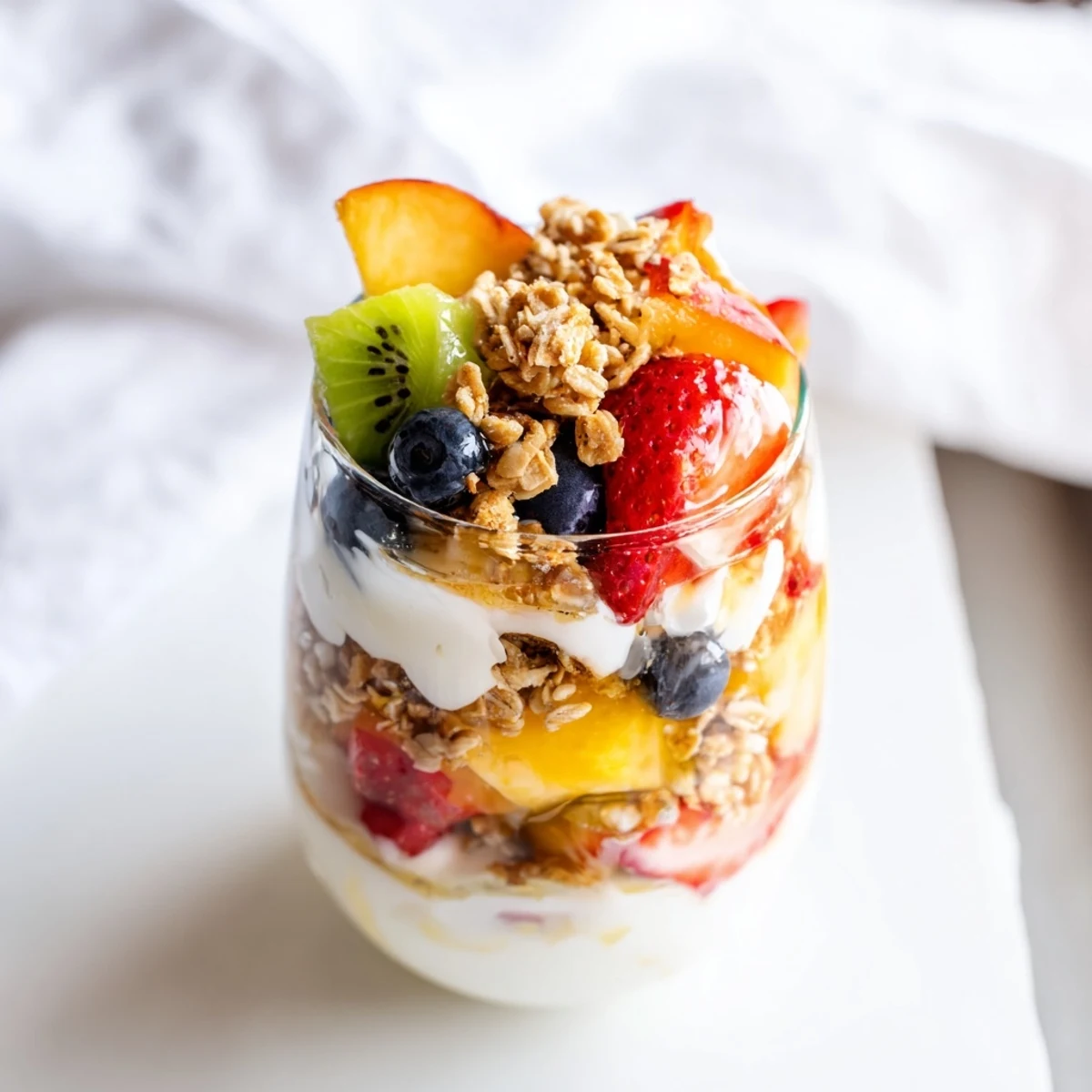 Creamy yogurt parfait with layered fresh fruit, granola, and optional honey glistening on top.