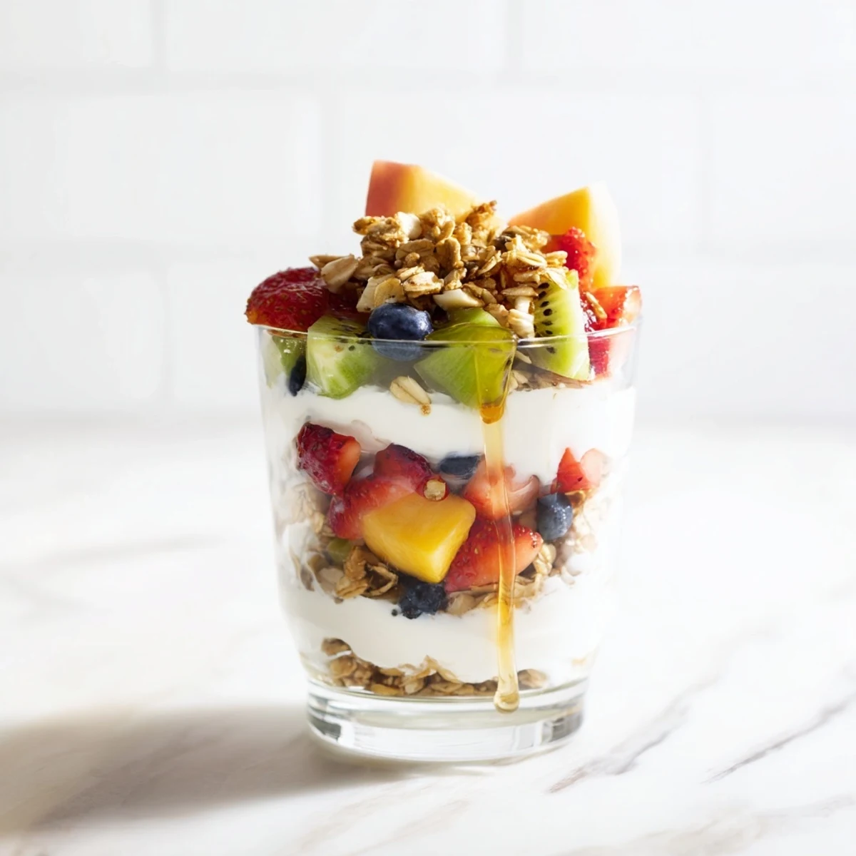 Enjoy a refreshing yogurt parfait featuring berries, peaches, and crispy granola layers.