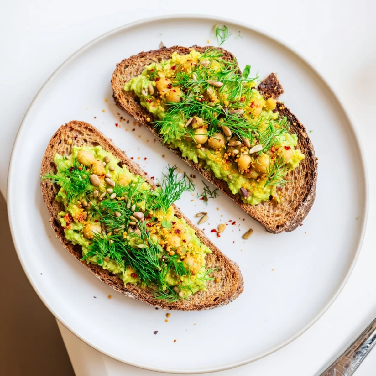 Toasted rustic bread topped with creamy avocado toast with chickpeas, herbs, and vibrant colors.