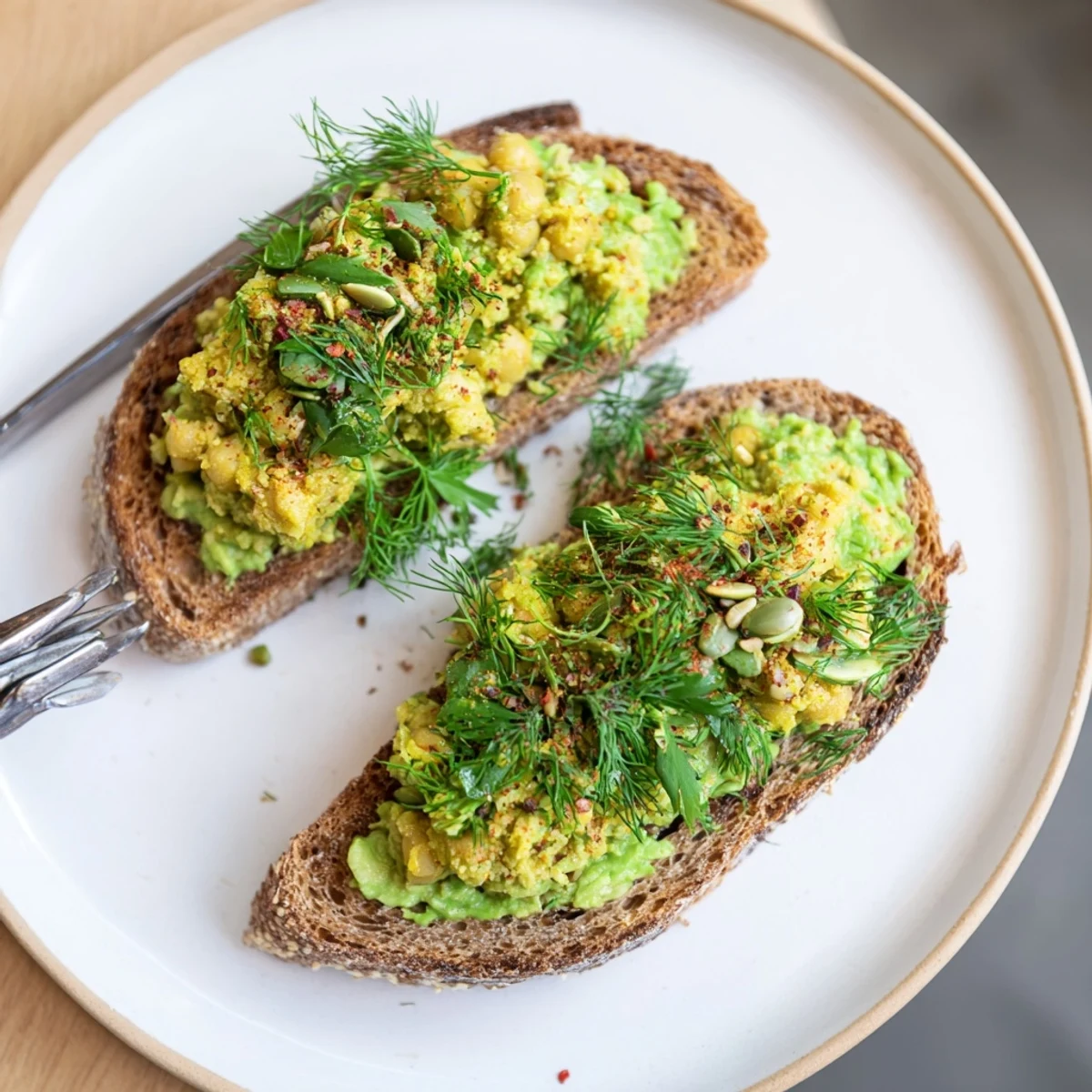 Flavorful avocado toast with chickpeas, featuring fresh herbs atop golden-brown toasted bread, a healthy breakfast.