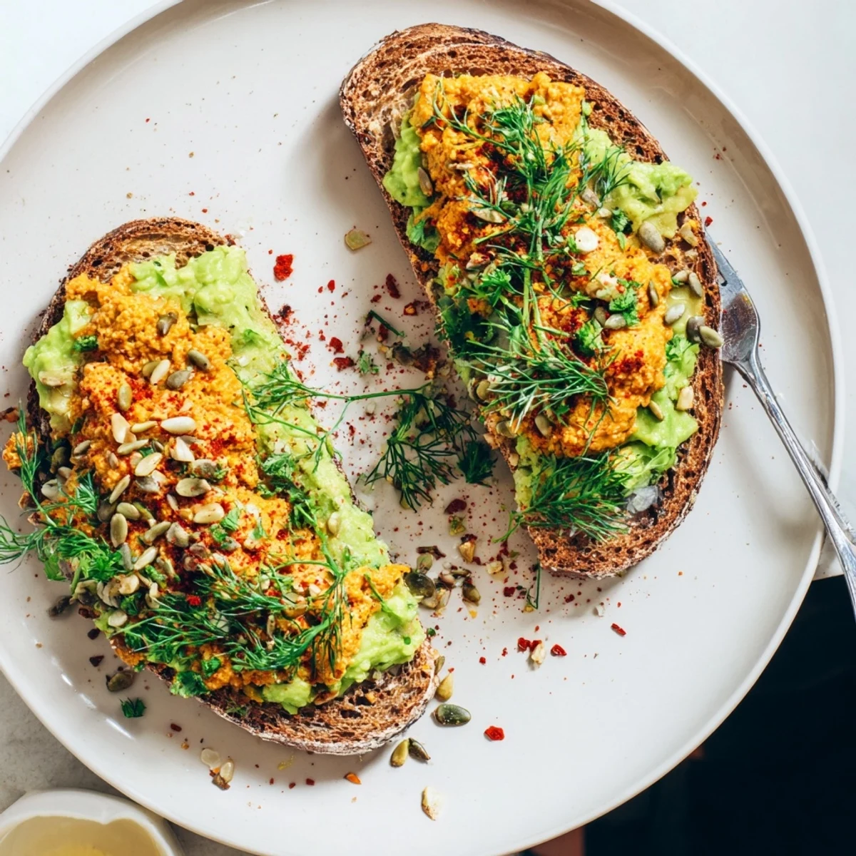 Close-up of fresh avocado toast with chickpeas, herbs, and toasted seeds, a tasty vegetarian meal.