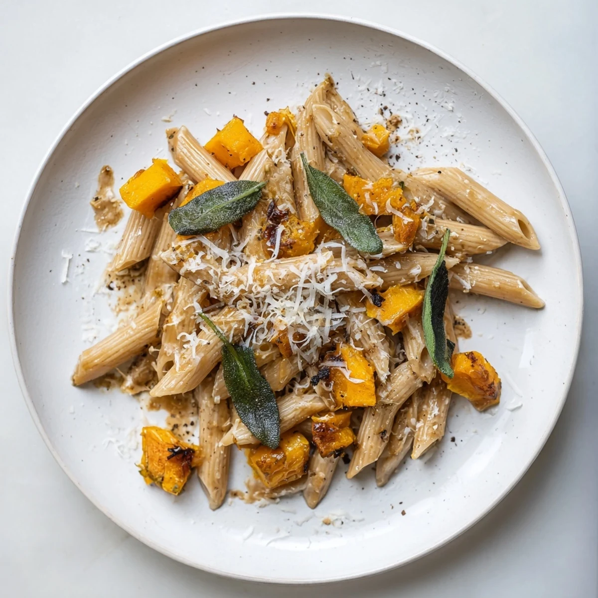 A vibrant photo of Brown Butter Pasta with Butternut Squash and Sage, ready to serve with Parmesan and sage.