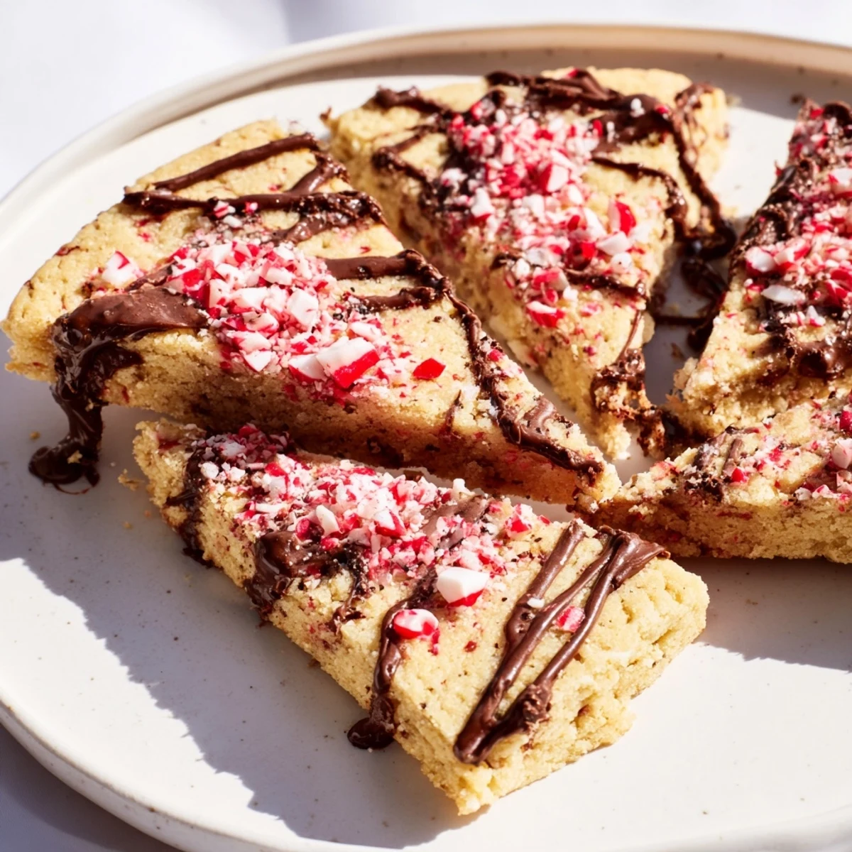 Festive Chocolate Peppermint Shortbread Wedges, a holiday dessert drizzled with rich, glossy chocolate.