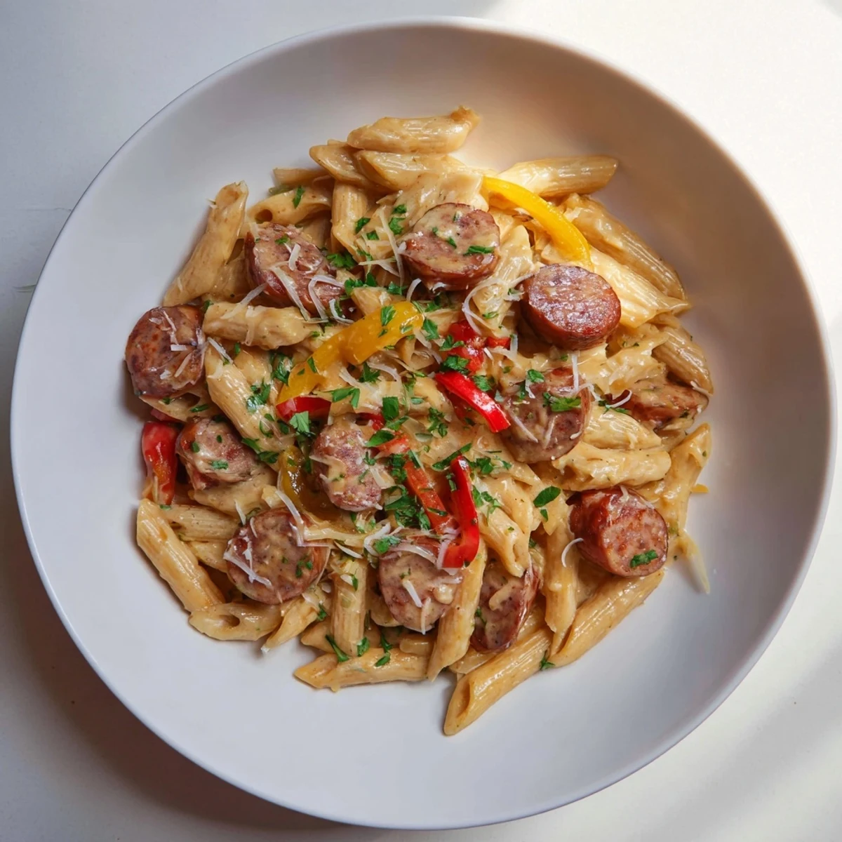 Creamy Cajun Spiced Smoked Sausage Alfredo, a flavorful one-pot meal with parsley garnish.