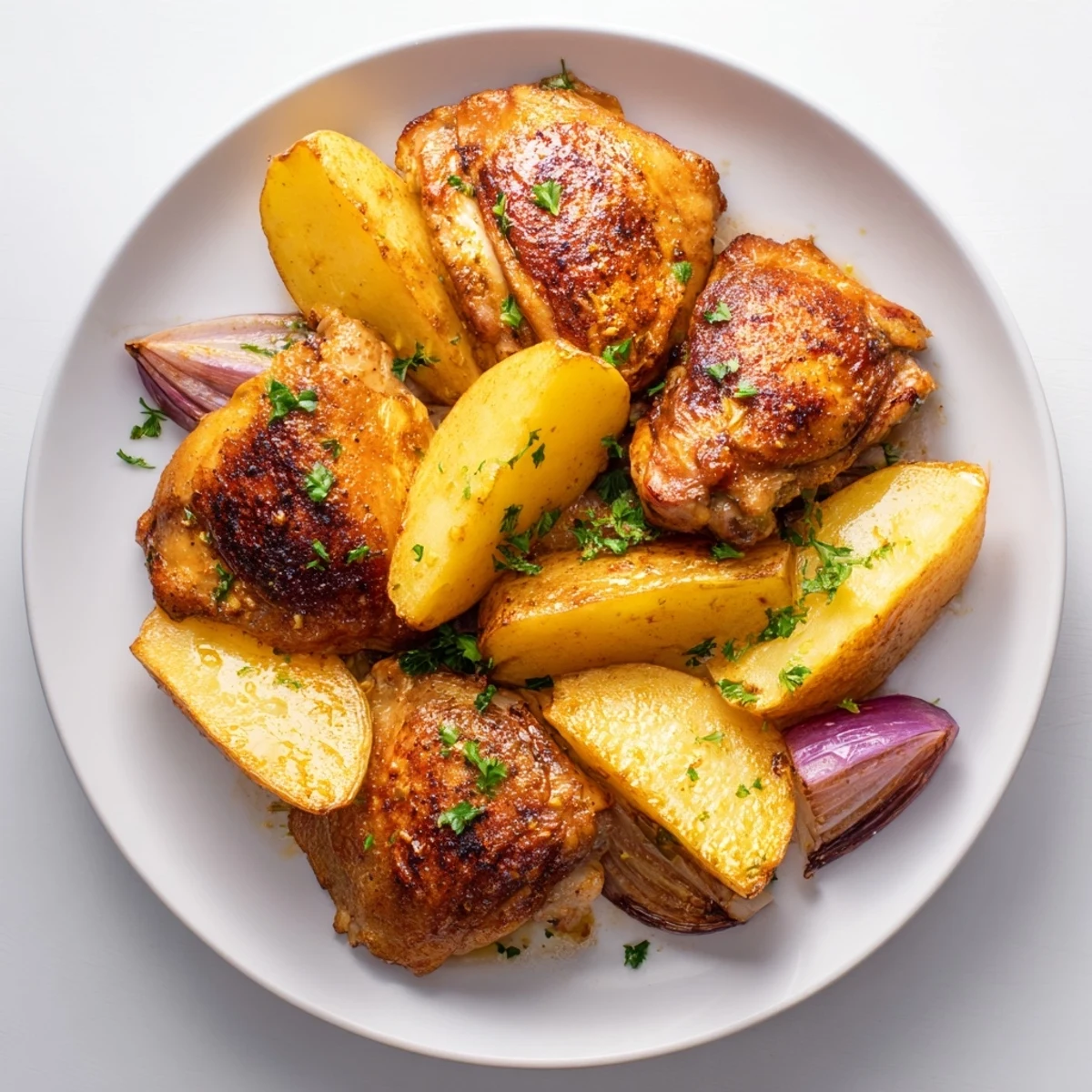 Golden roasted Greek Lemon Chicken and Potatoes with crispy skin, a flavorful Mediterranean dinner.