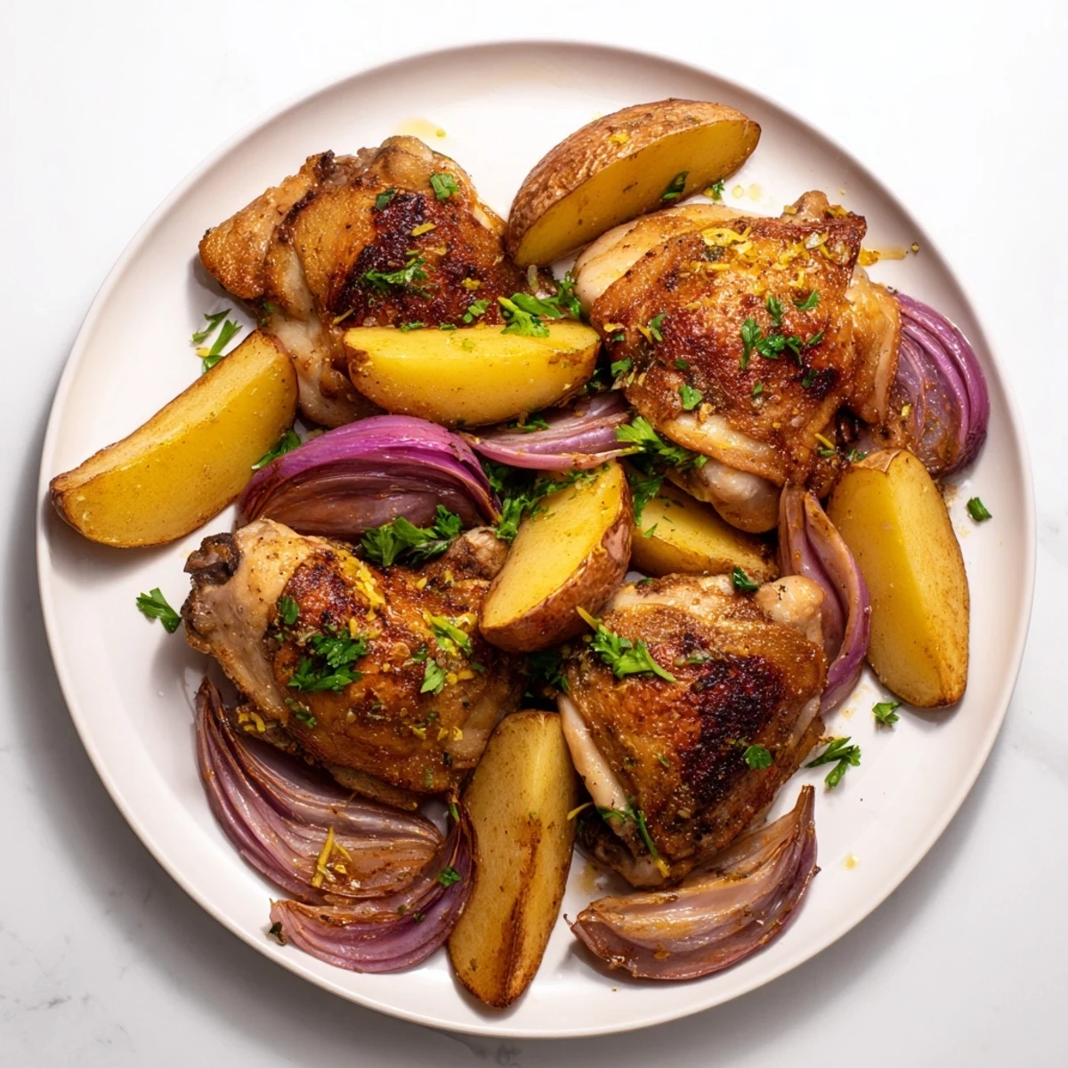 Sheet pan Greek Lemon Chicken and Potatoes showcasing tender chicken alongside perfectly roasted potatoes, ready to serve.
