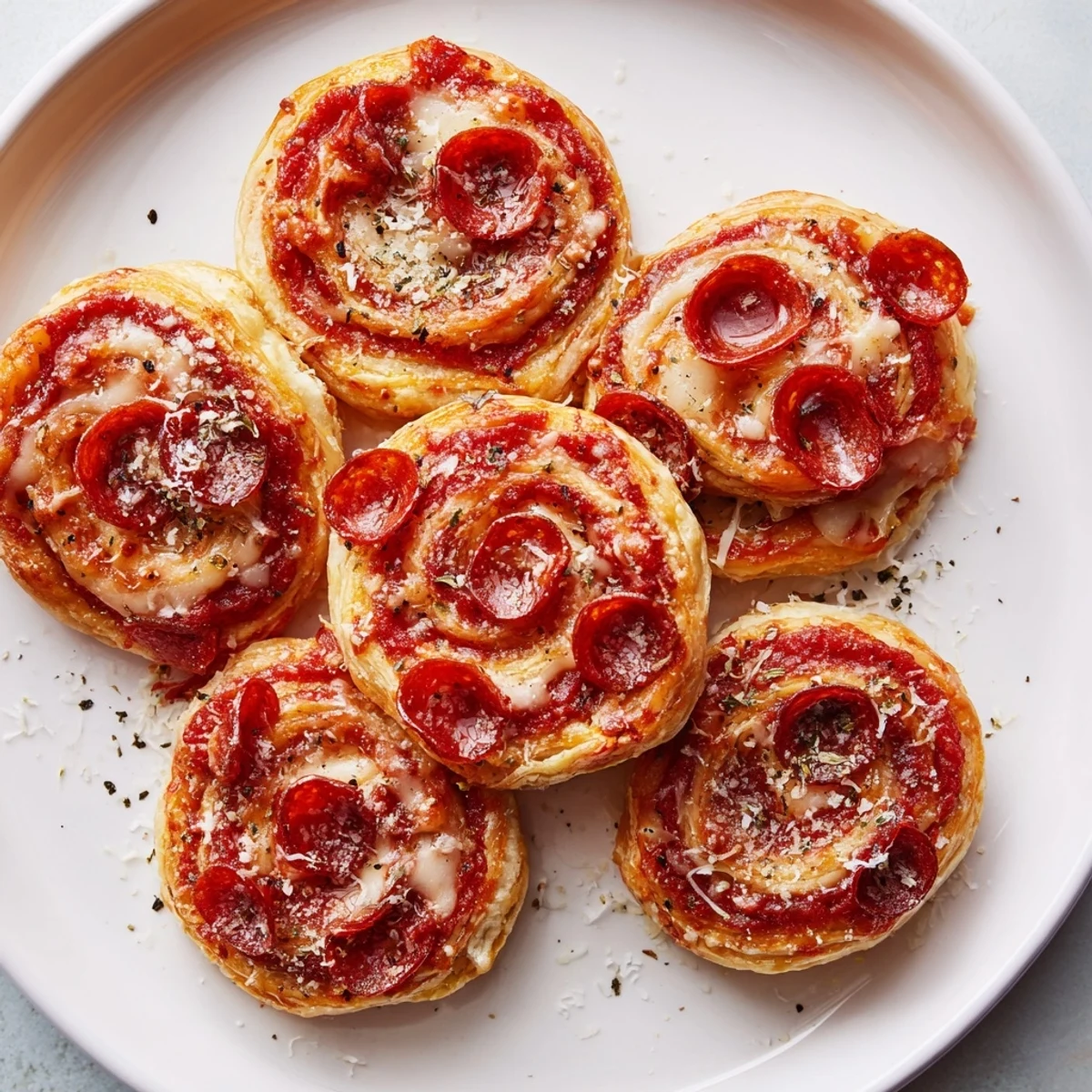 A close-up of savory Mini Pepperoni Pizza Pinwheels, showcasing melted cheese and crispy pepperoni.