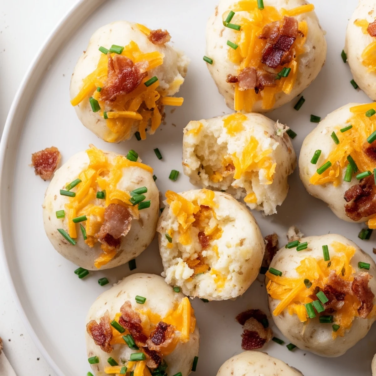 Steaming Loaded Baked Potato Soup Dumplings, golden brown, with cheese and bacon, ready to be enjoyed as a starter.