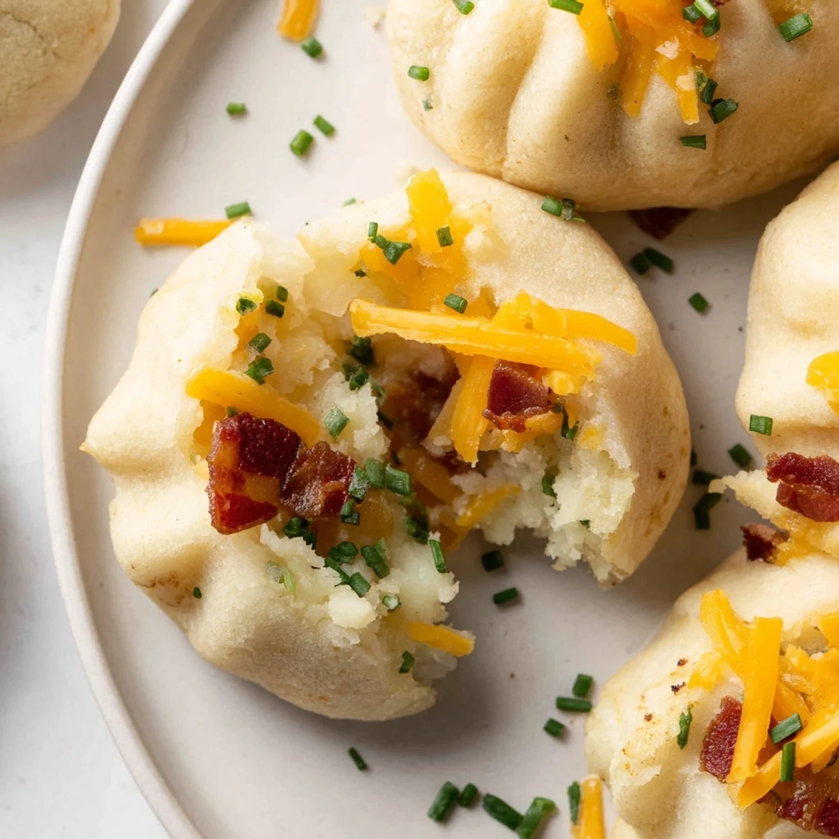 Close-up of freshly cooked Loaded Baked Potato Soup Dumplings, showcasing the creamy filling and savory toppings.