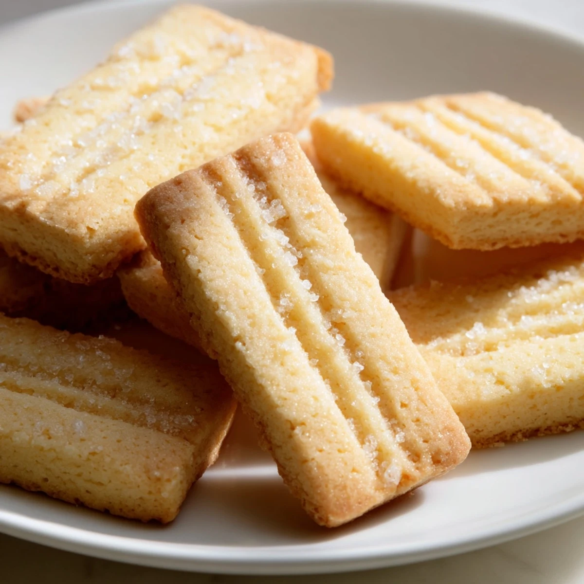 A close-up of perfectly baked classic shortbread cookies, lightly dusted and waiting for your bite.
