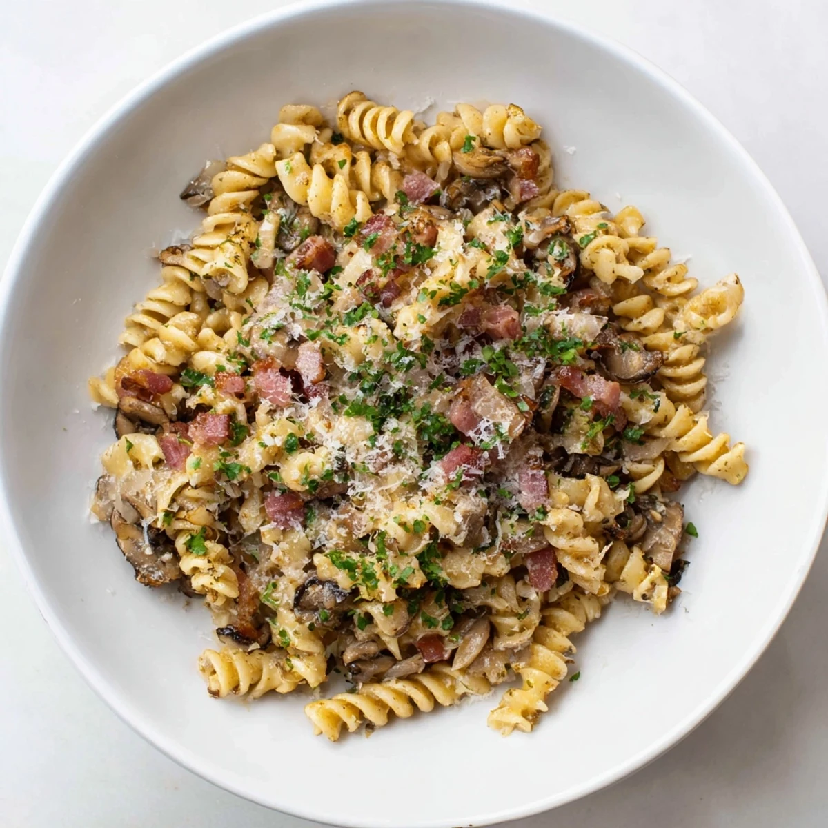 Fusilli with Bacon, Onions, and Mushrooms: a savory pasta dish with crispy bacon crumbles and earthy mushrooms.