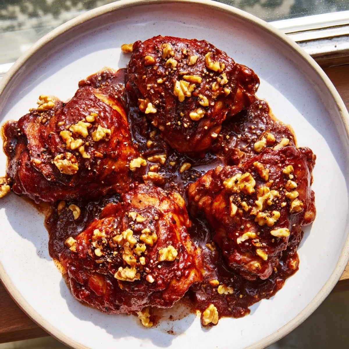Golden chicken thighs in a Budget Fesenjan Stew, simmered in a dark, glossy, walnut-pomegranate sauce.
