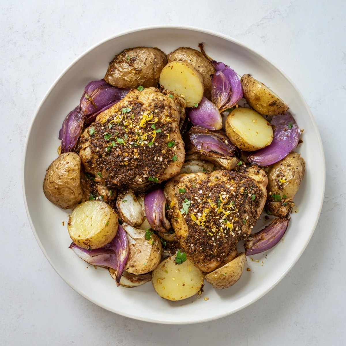 Crispy, golden Pan-Roasted Zaatar Chicken and Potatoes, ready to enjoy with Middle Eastern herbs and spices.