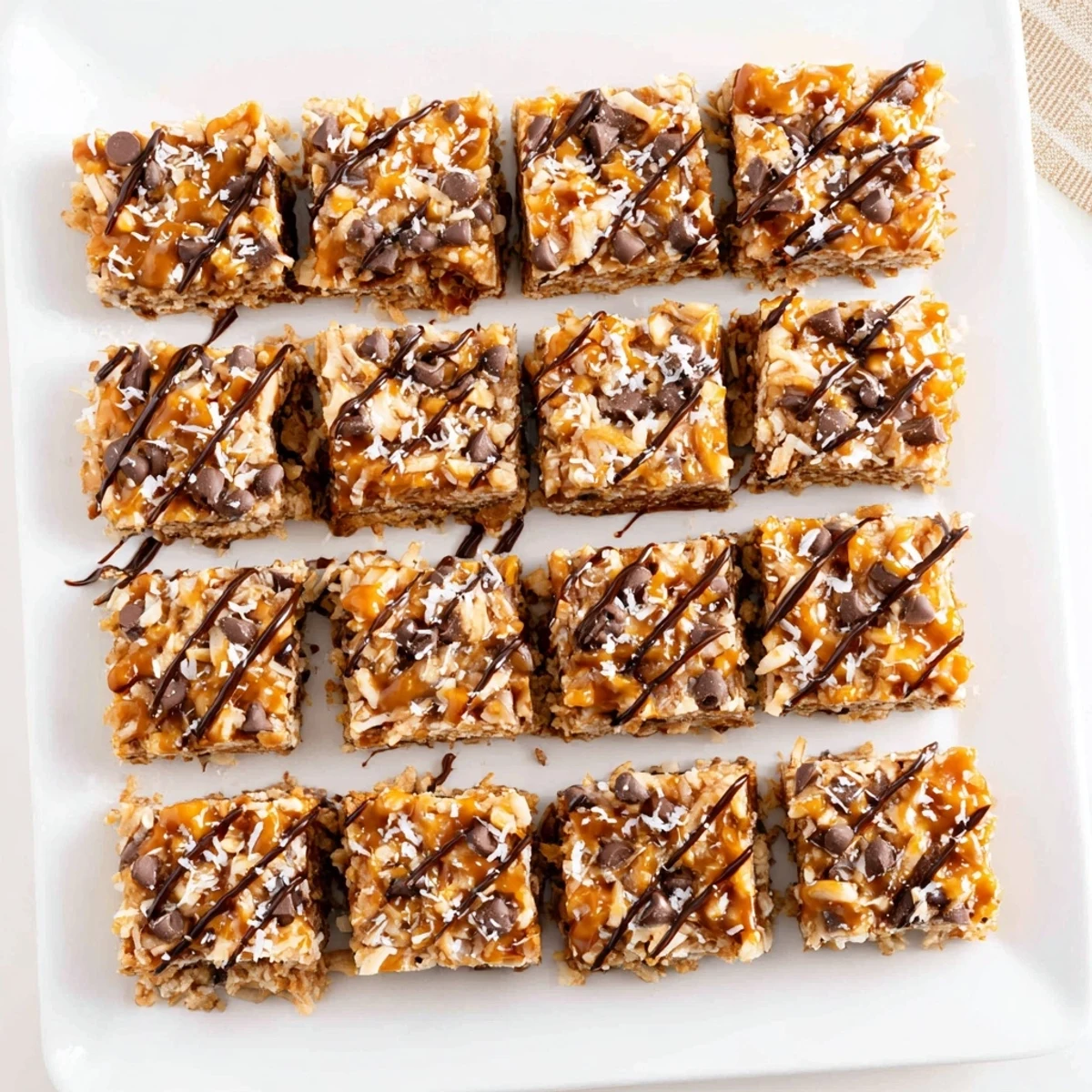 Fudgy, chewy seven-layer magic bars, drizzled with sea salt caramel; a sweet and salty treat.