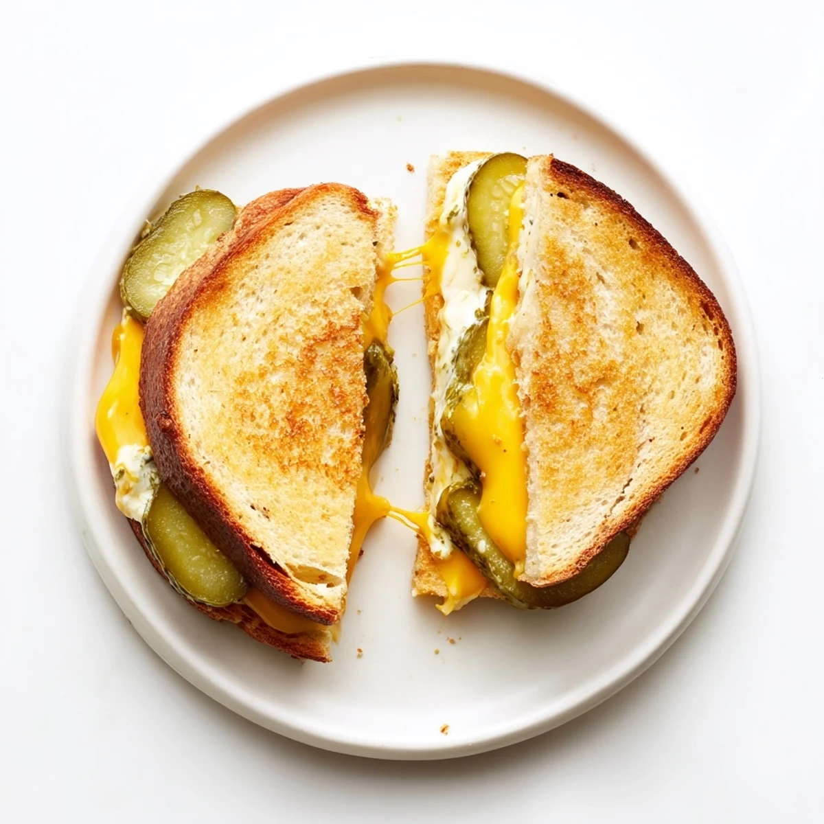 Golden, melted cheese oozes from a gooey pickle grilled cheese sandwich, a perfect comfort food.