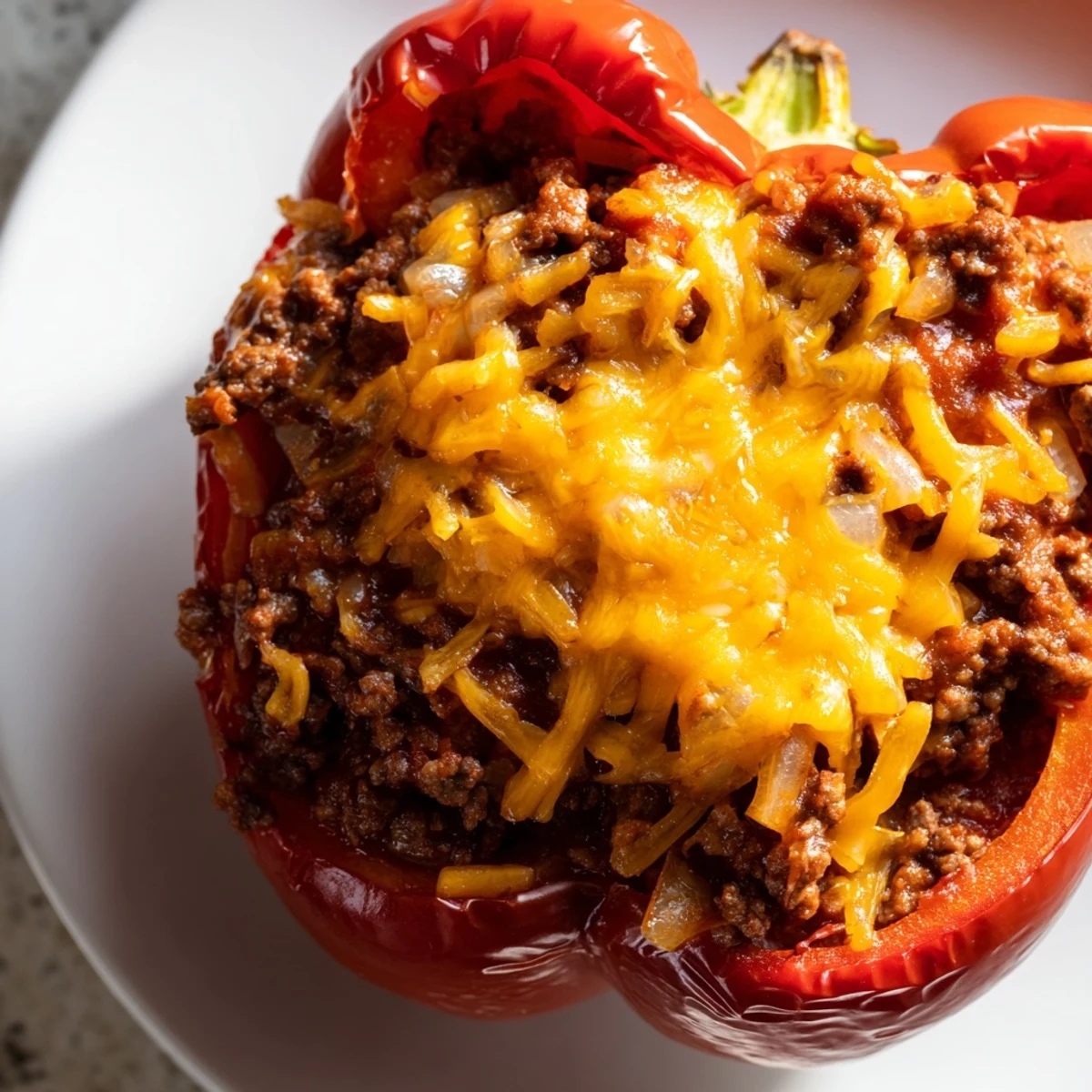 Savory and colorful, Sloppy Joe stuffed bell peppers overflowing with cheesy, delicious beef filling.