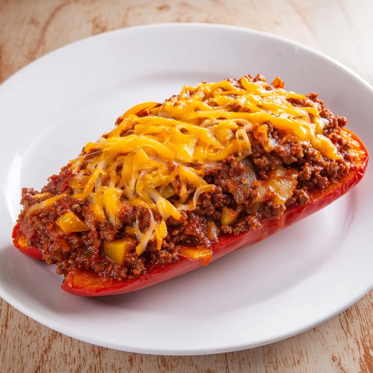 Baked until tender, these Sloppy Joe stuffed bell peppers feature a bubbling cheese topping, ready to be enjoyed.