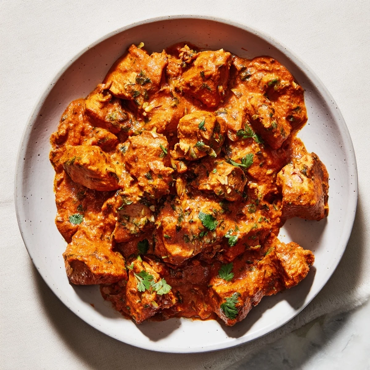 A vibrant bowl of Instant Pot Chicken Tikka Masala, swimming in a rich, creamy coconut sauce.