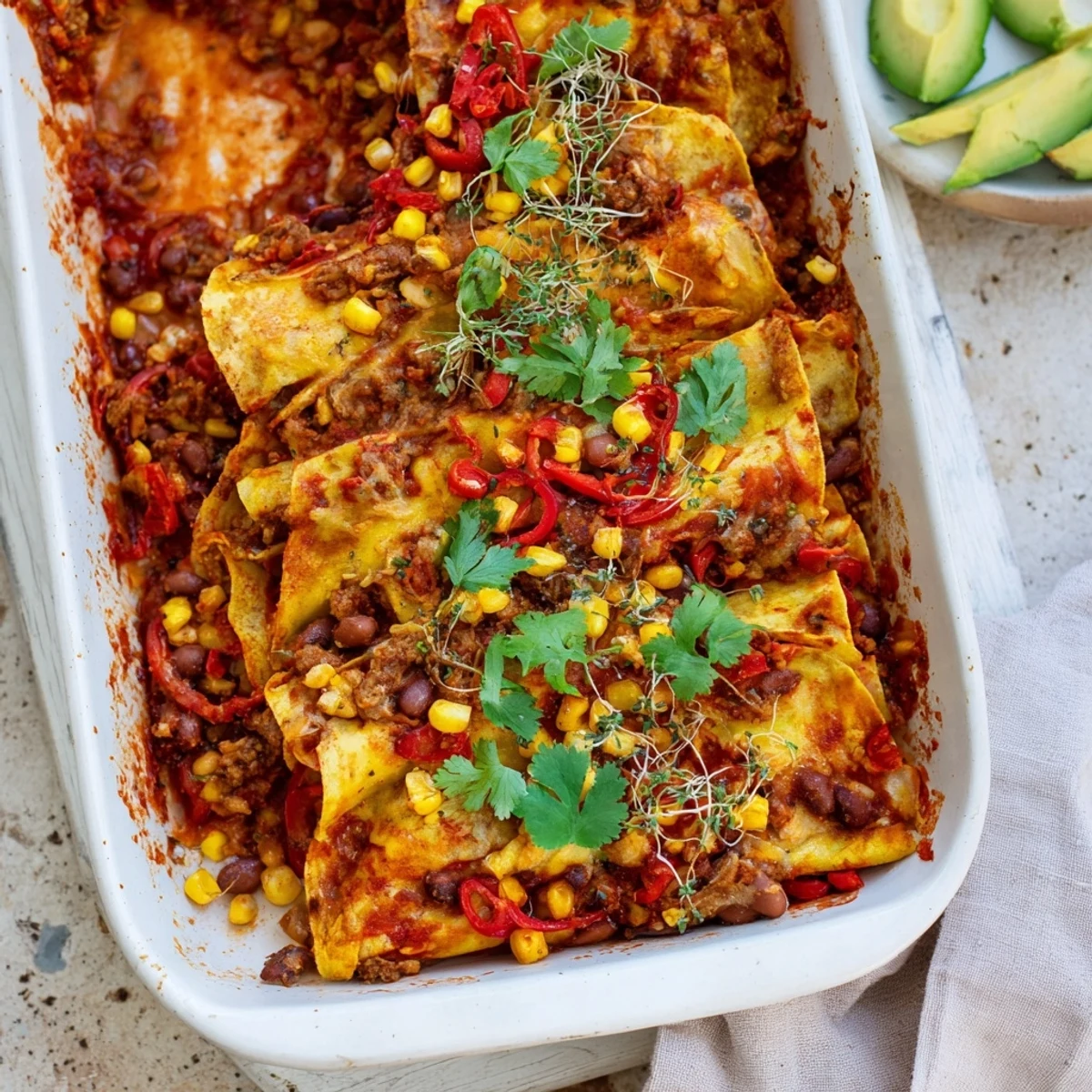 A hearty, freshly baked Quick Black Bean and Corn Tortilla Casserole with vibrant corn and salsa topping.