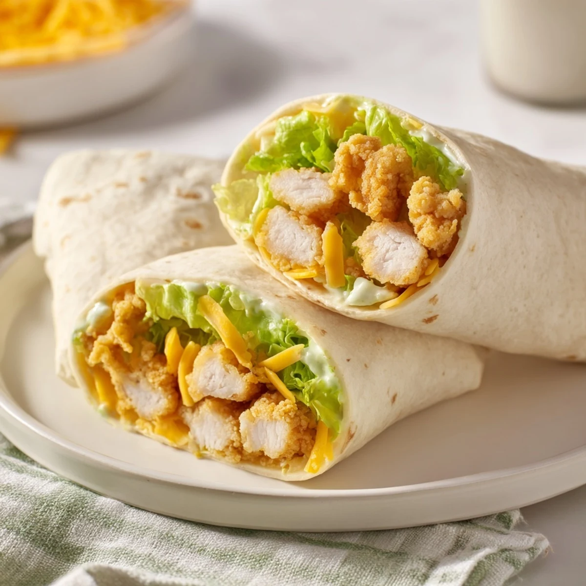 A close-up of a perfectly rolled crispy chicken ranch snack wrap, showing the flavorful filling inside.
