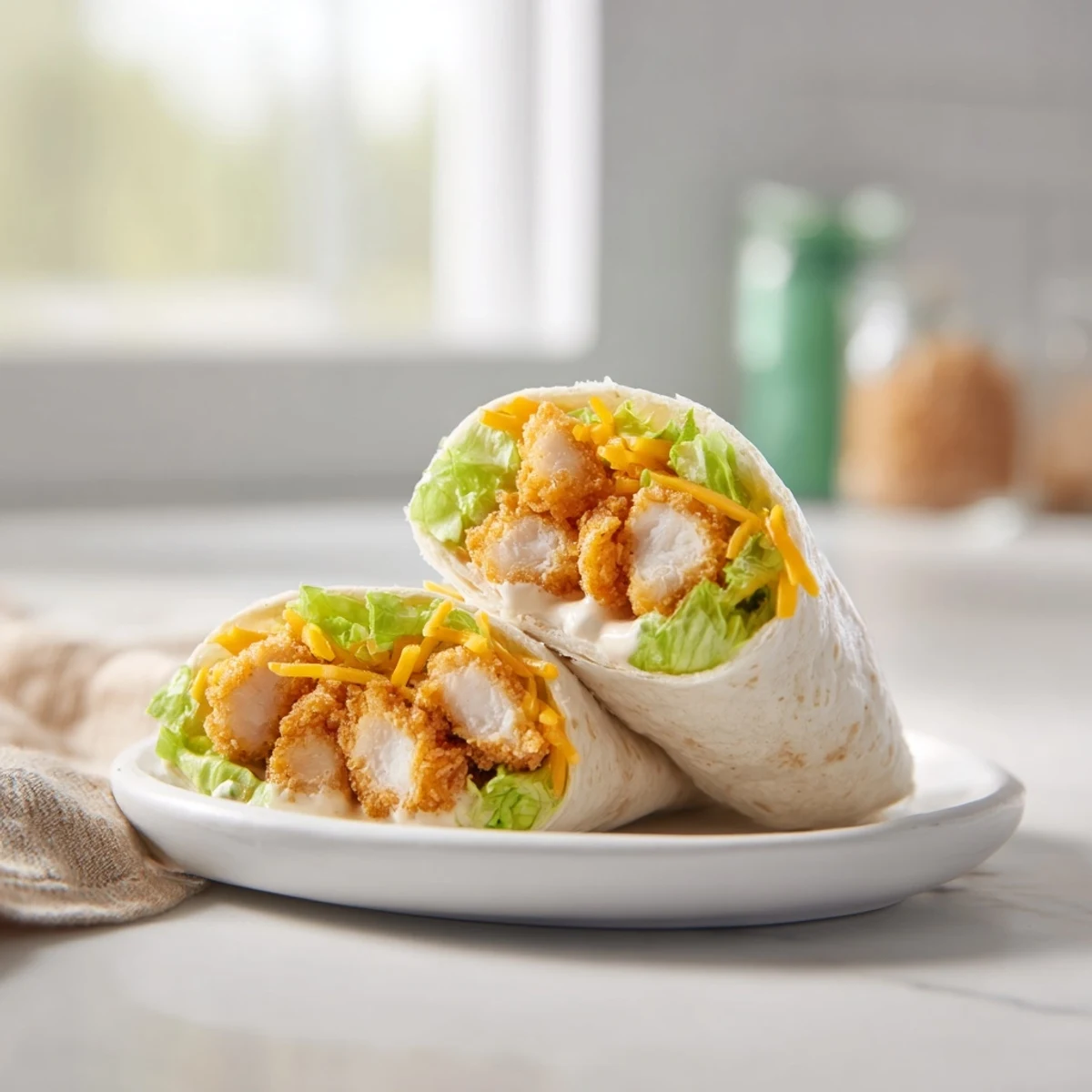 Golden-brown crispy chicken ranch snack wrap, filled with fresh lettuce and melty cheese, ready to eat.