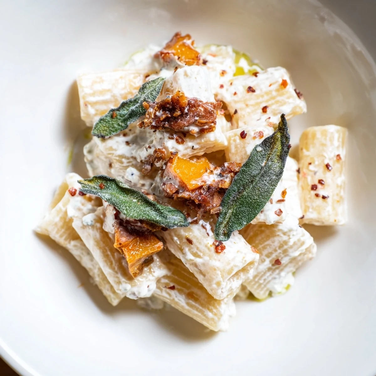 Golden, roasted Viral Sweet Potato Goat Cheese Sage pasta dish ready to be served, topped with crispy sage.