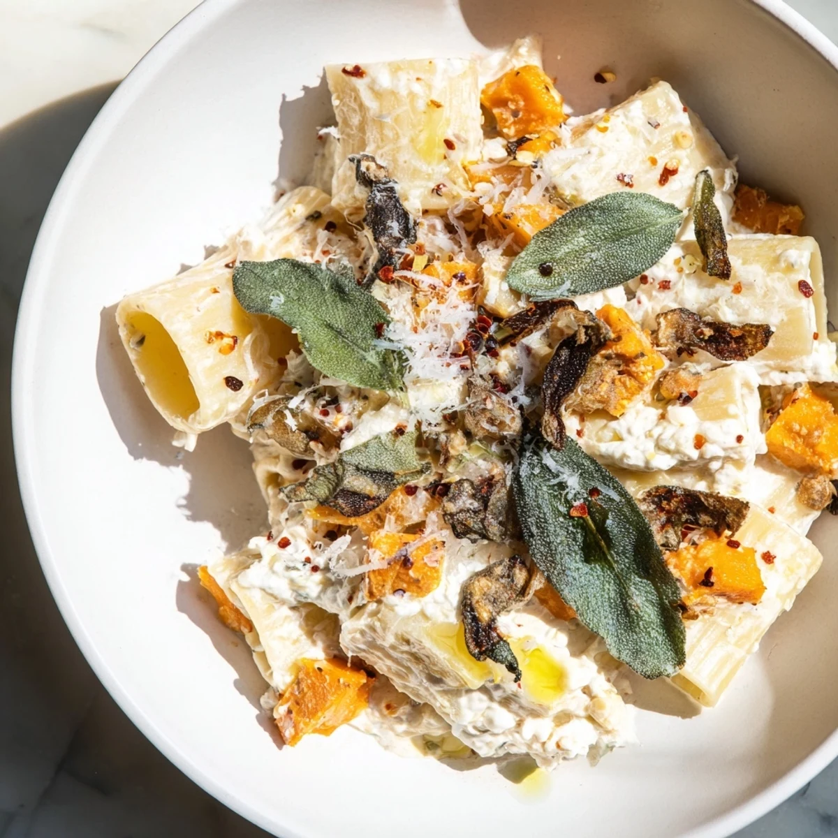 A comforting bowl of Viral Sweet Potato Goat Cheese Sage pasta: rich, creamy sauce with caramelized sweet potatoes.