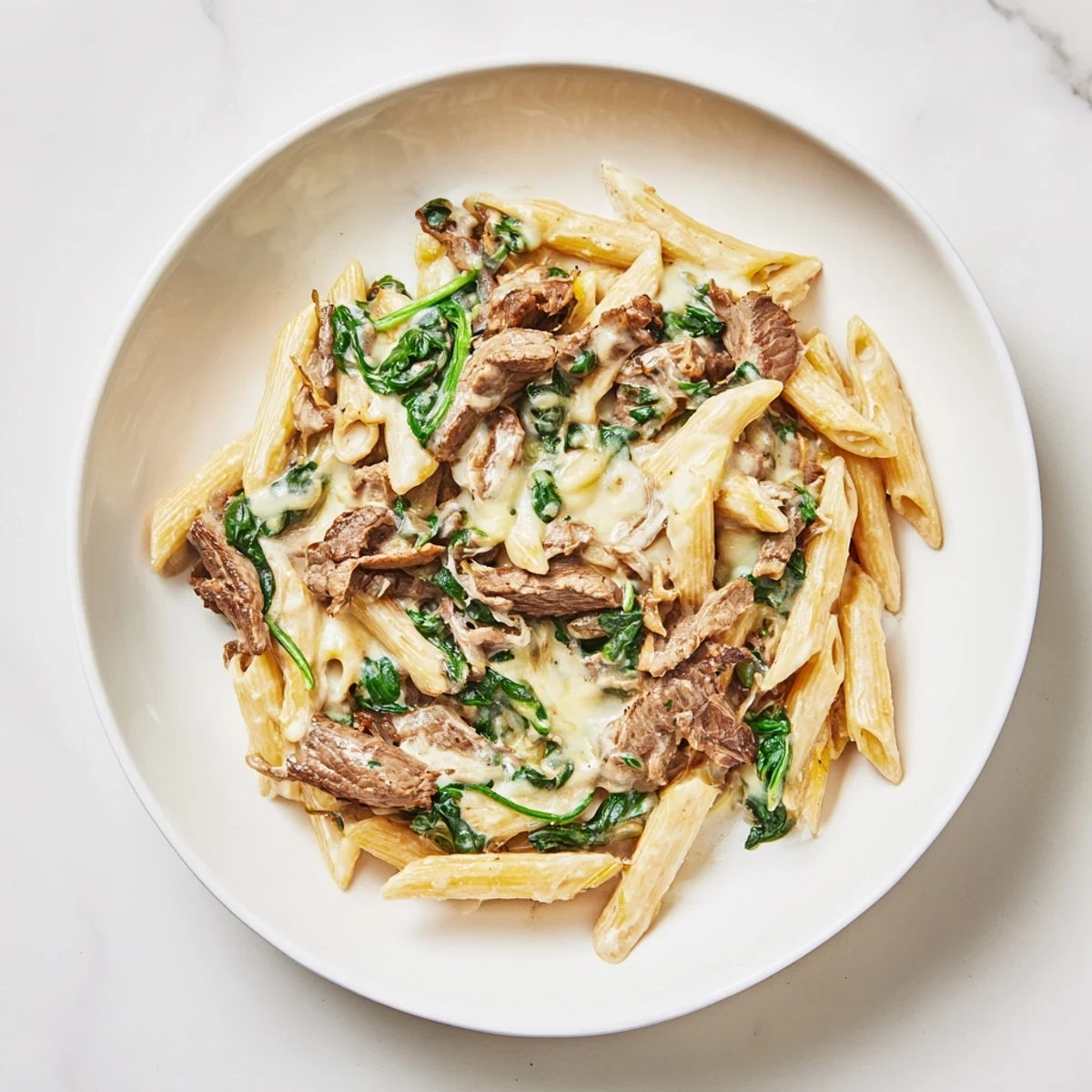 A close-up of a bubbling, baked Steak & Spinach Artichoke Pasta Bake, showing tasty steak pieces and spinach.