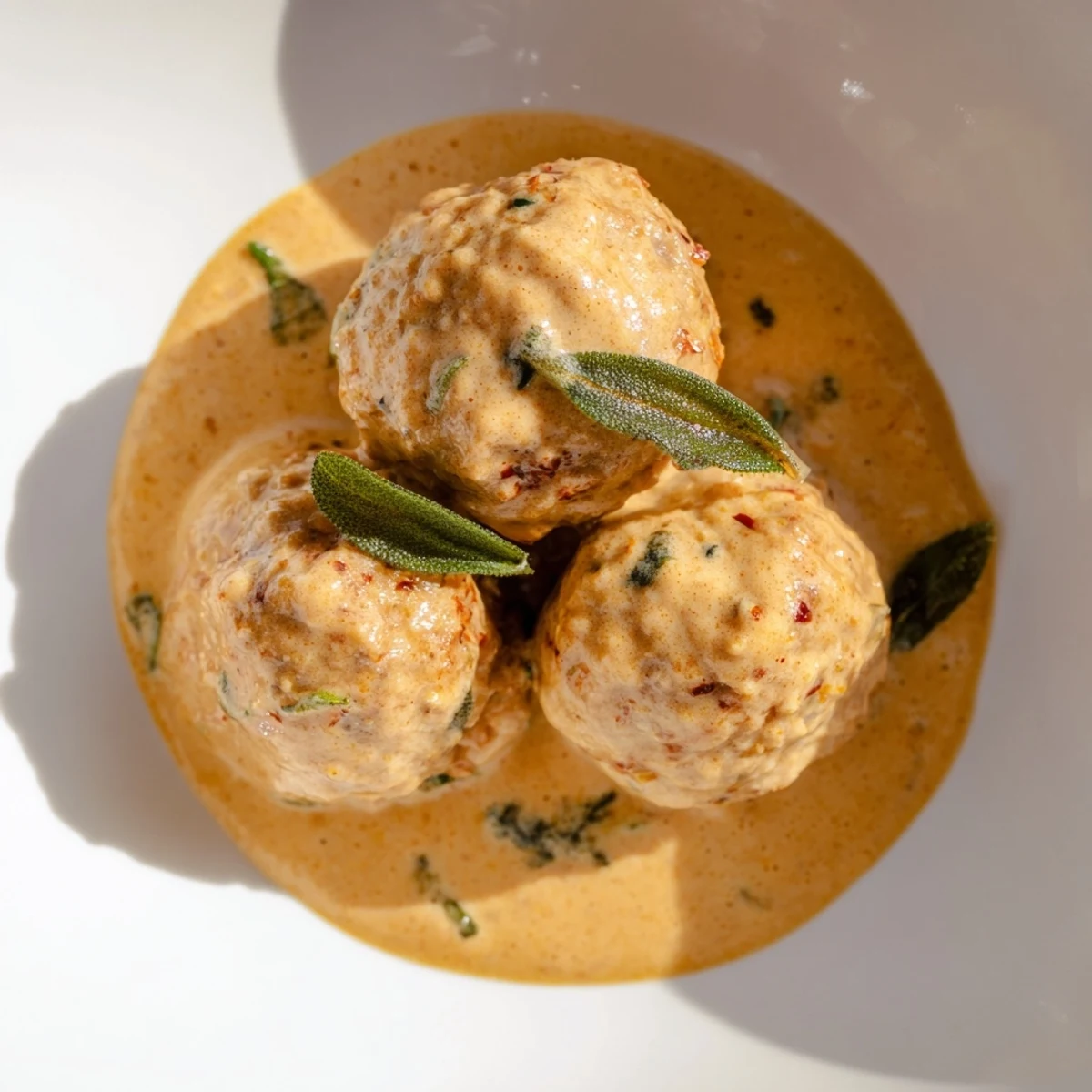 Golden-brown Easy Turkey Meatballs swimming in a rich, creamy pumpkin sage sauce, ready to serve.