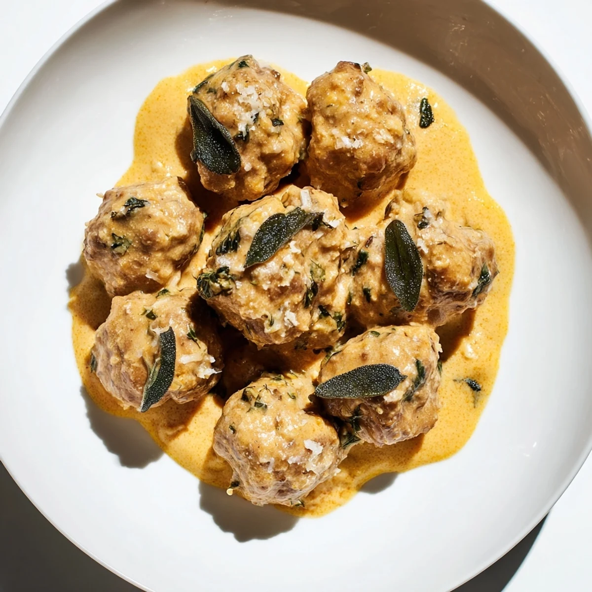 A close-up of tender Easy Turkey Meatballs nestled in a vibrant pumpkin sage sauce, delicious and comforting.