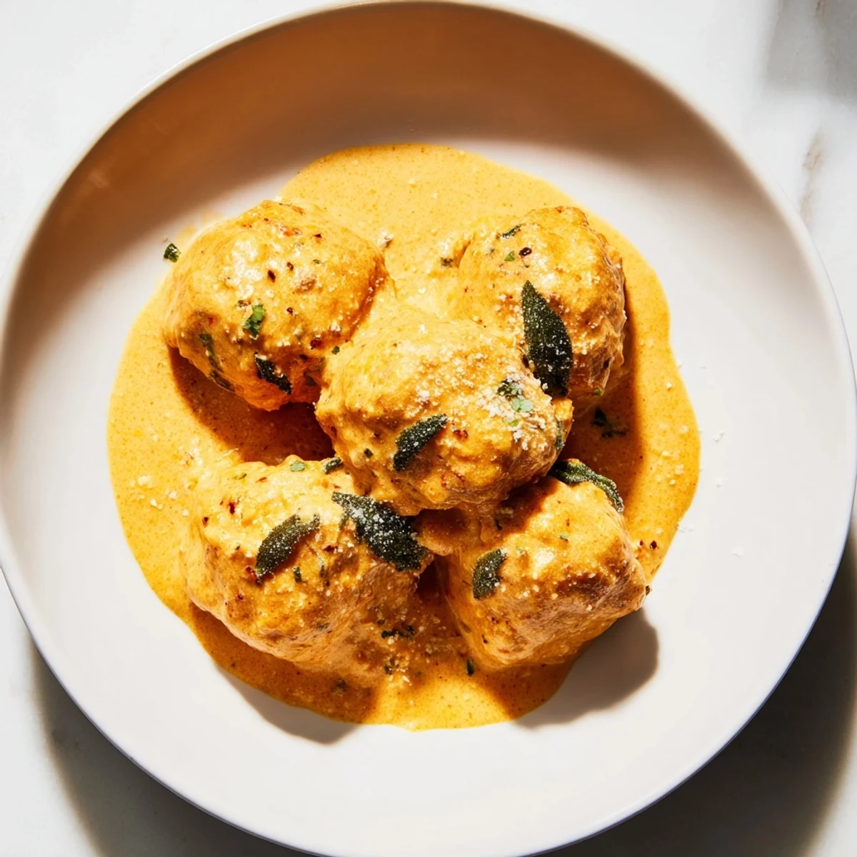 Warm, flavorful Easy Turkey Meatballs in pumpkin sage sauce with a sprinkle of fresh sage, perfect for a cozy dinner.