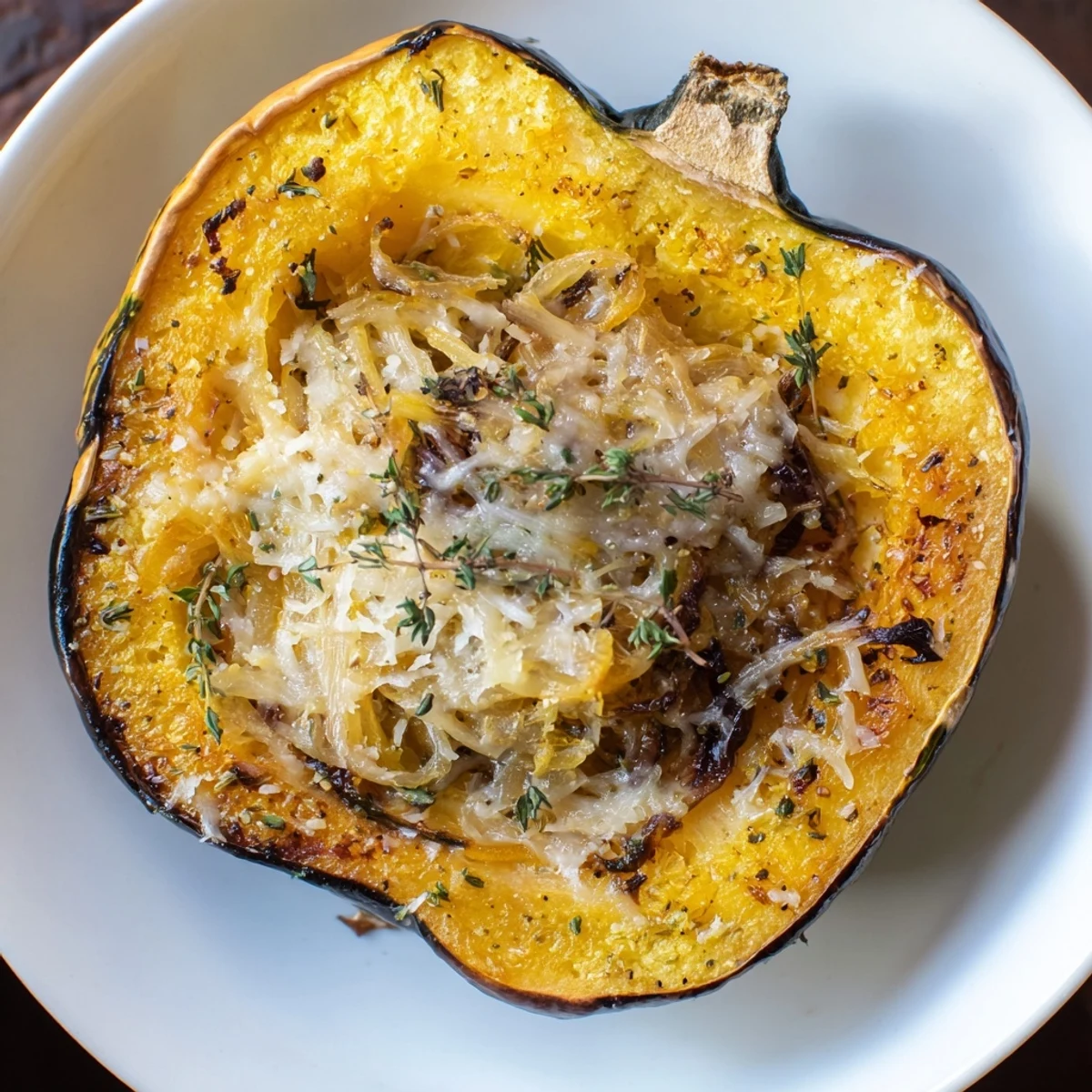 Roasted Caramelized Onion Gruyere Acorn Squash, brimming with melted Gruyere and savory sweet onions.