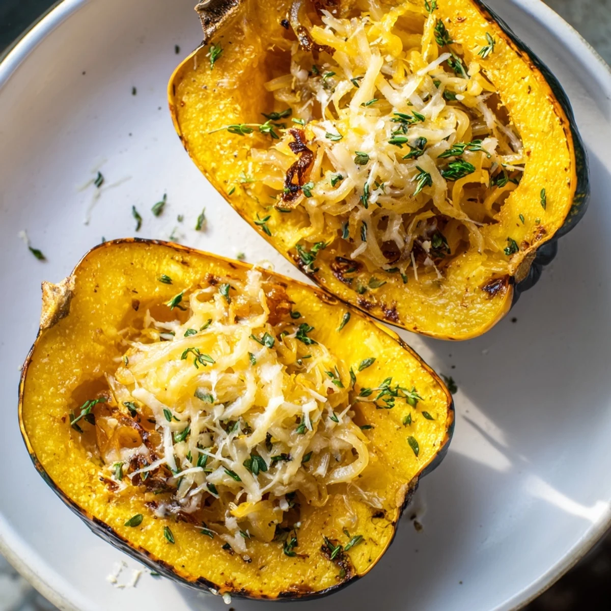 Warm and comforting Caramelized Onion Gruyere Squash: a close-up shows the gooey cheese and tender squash.
