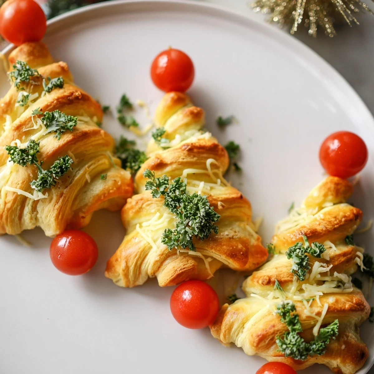 Warm, herb-infused Budget Christmas Crescent Roll Trees: a close-up shows cheesy filling and tiny tomato ornaments.