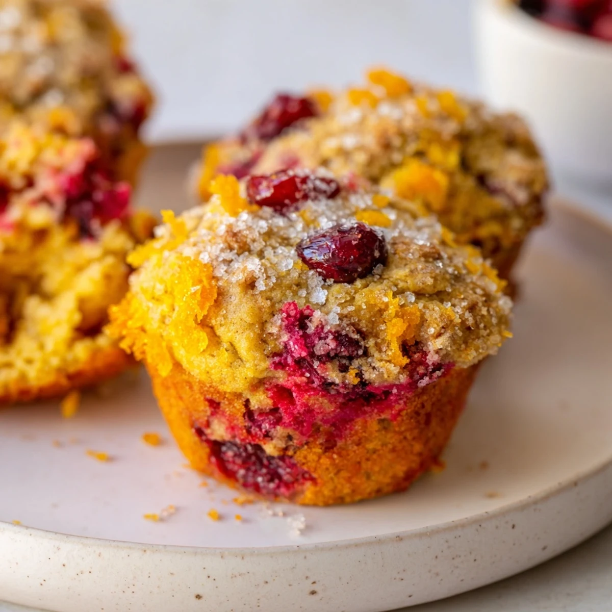 Close-up of a delightful bite of Quick Festive Cranberry Orange Muffins, bursting with citrus and berry flavors.