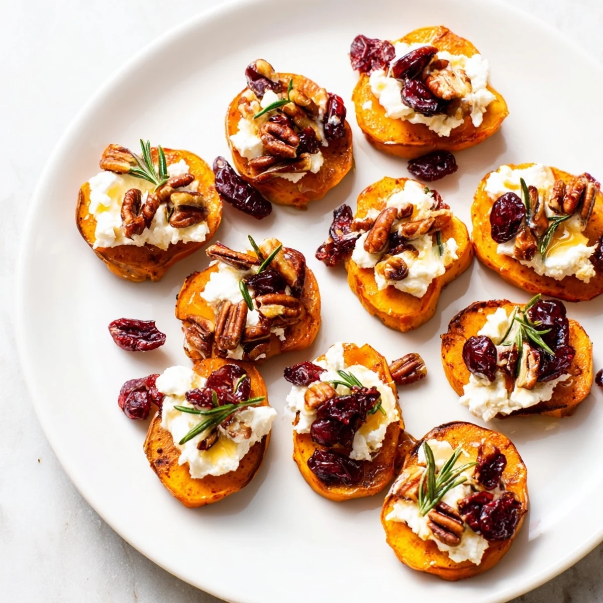 Golden, roasted Express Holiday Sweet Potato Rounds, topped with creamy goat cheese and crunchy pecans.