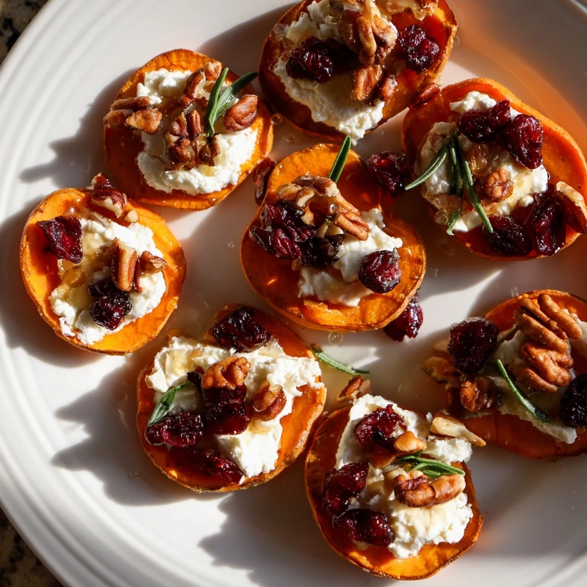 A festive arrangement of Express Holiday Sweet Potato Rounds, drizzled with honey, perfect for holiday entertaining.