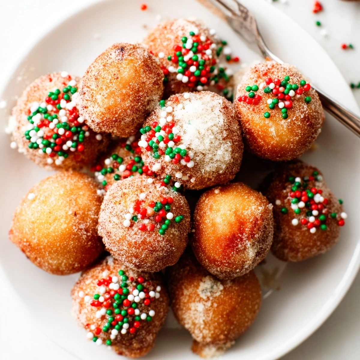 Golden-brown air fryer Christmas donut holes dusted in cinnamon sugar, ready for a festive snack.