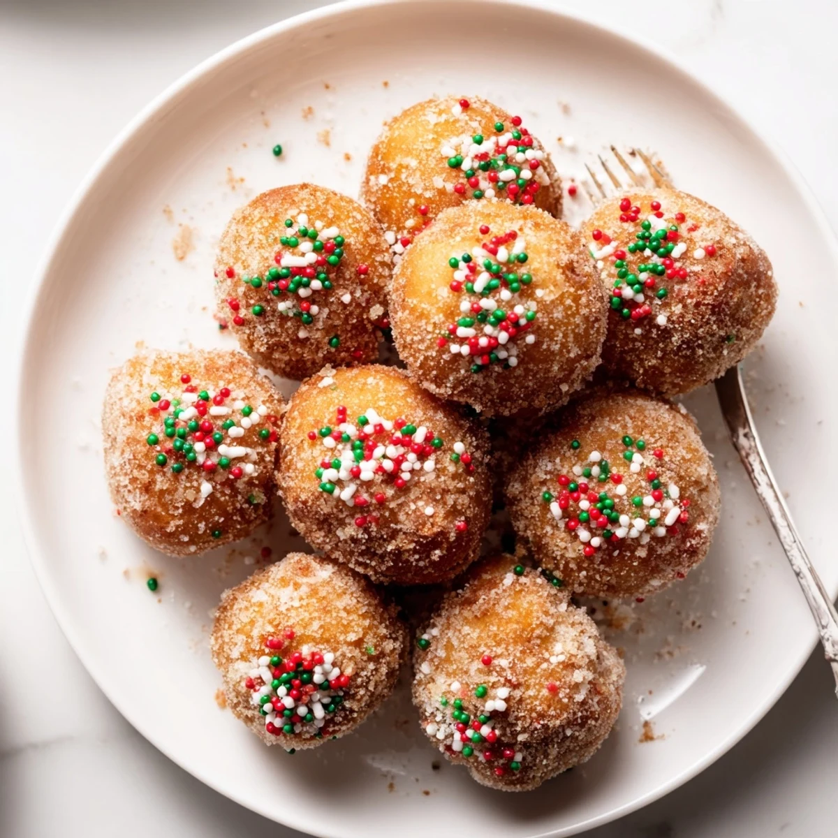 Warm, bite-sized Christmas donut holes from the air fryer, coated in colorful holiday sprinkles.