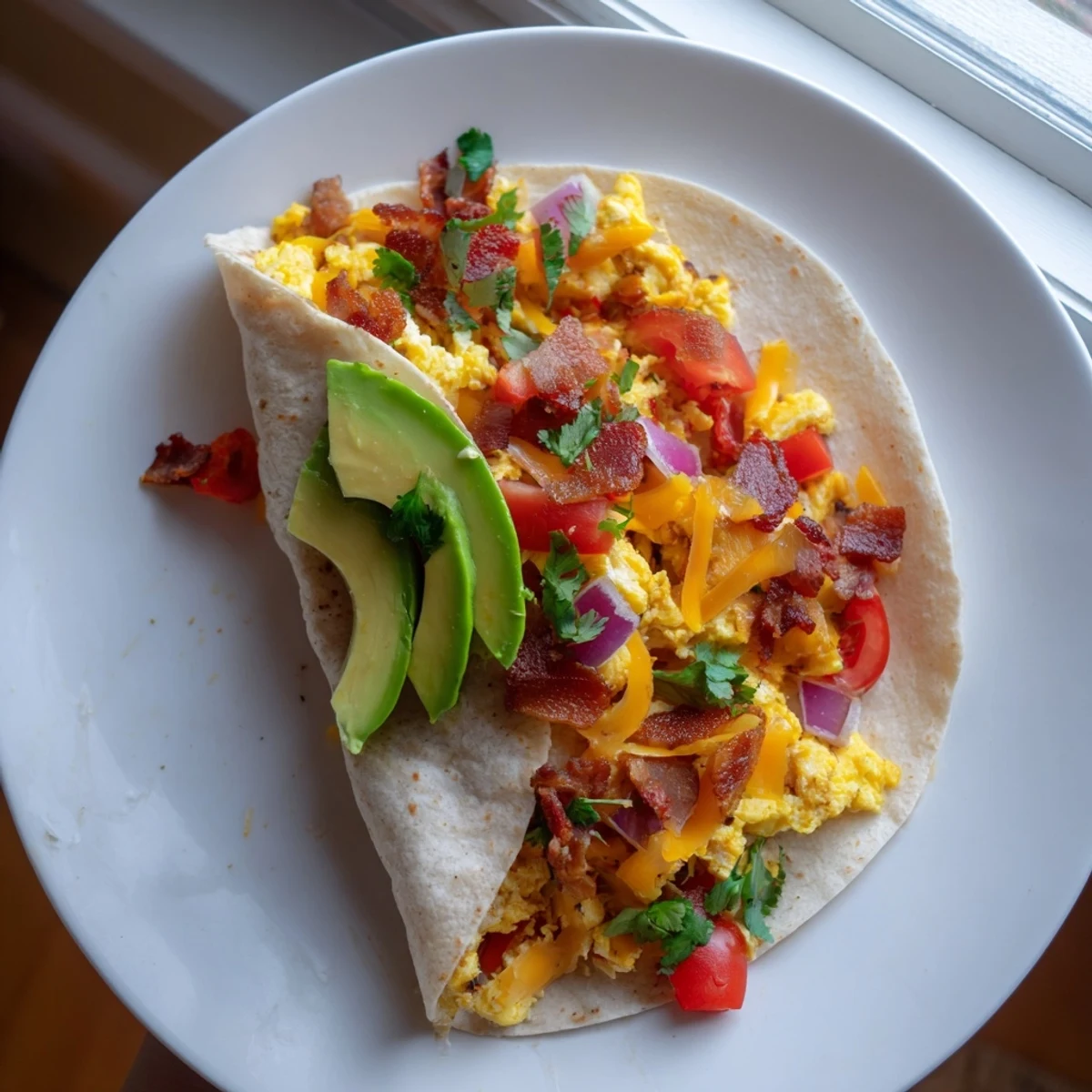 A close-up of Easy Festive Breakfast Burrito Wraps, filled with fluffy scrambled eggs and cheese.