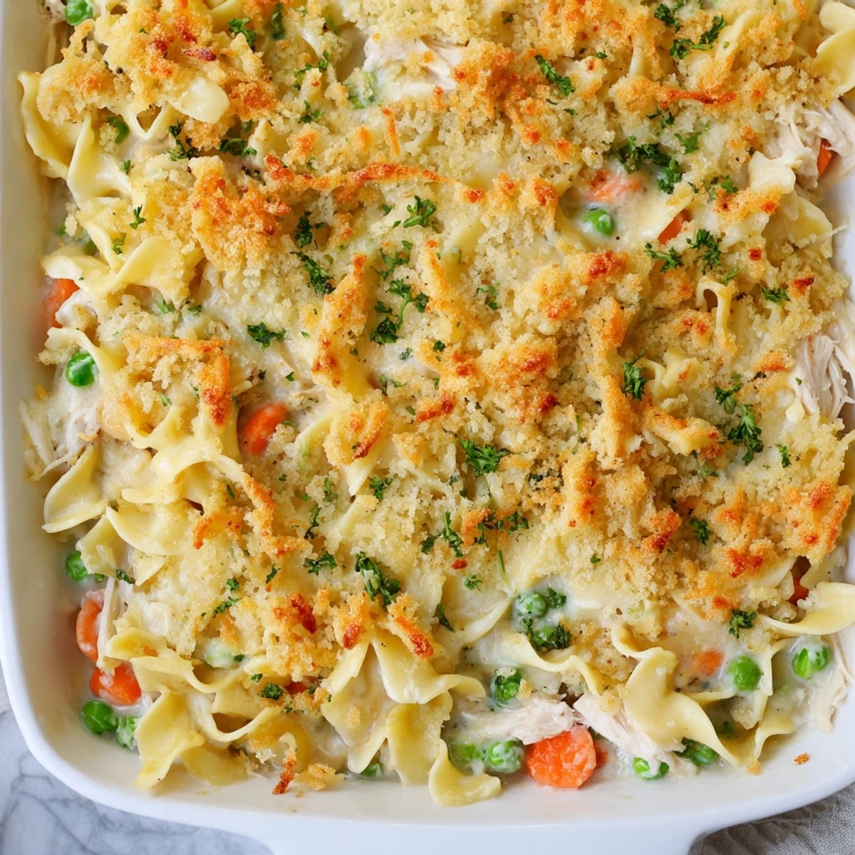 The creamy Baked Cream of Chicken Noodle Soup Pasta is topped with a crunchy, buttery breadcrumb topping.