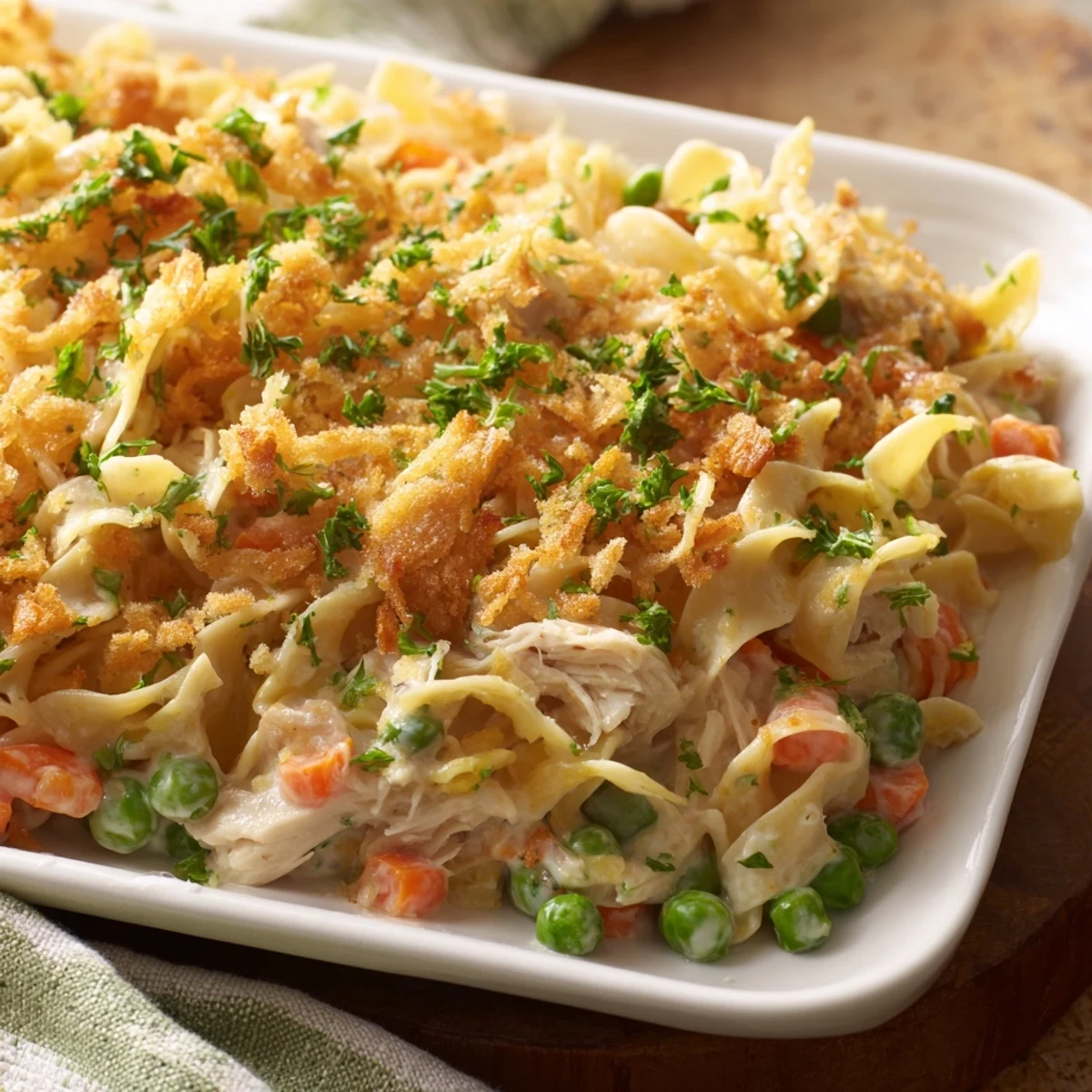 Enjoy a close-up of tender noodles and cheese in this homemade Baked Cream of Chicken Noodle Soup Pasta.