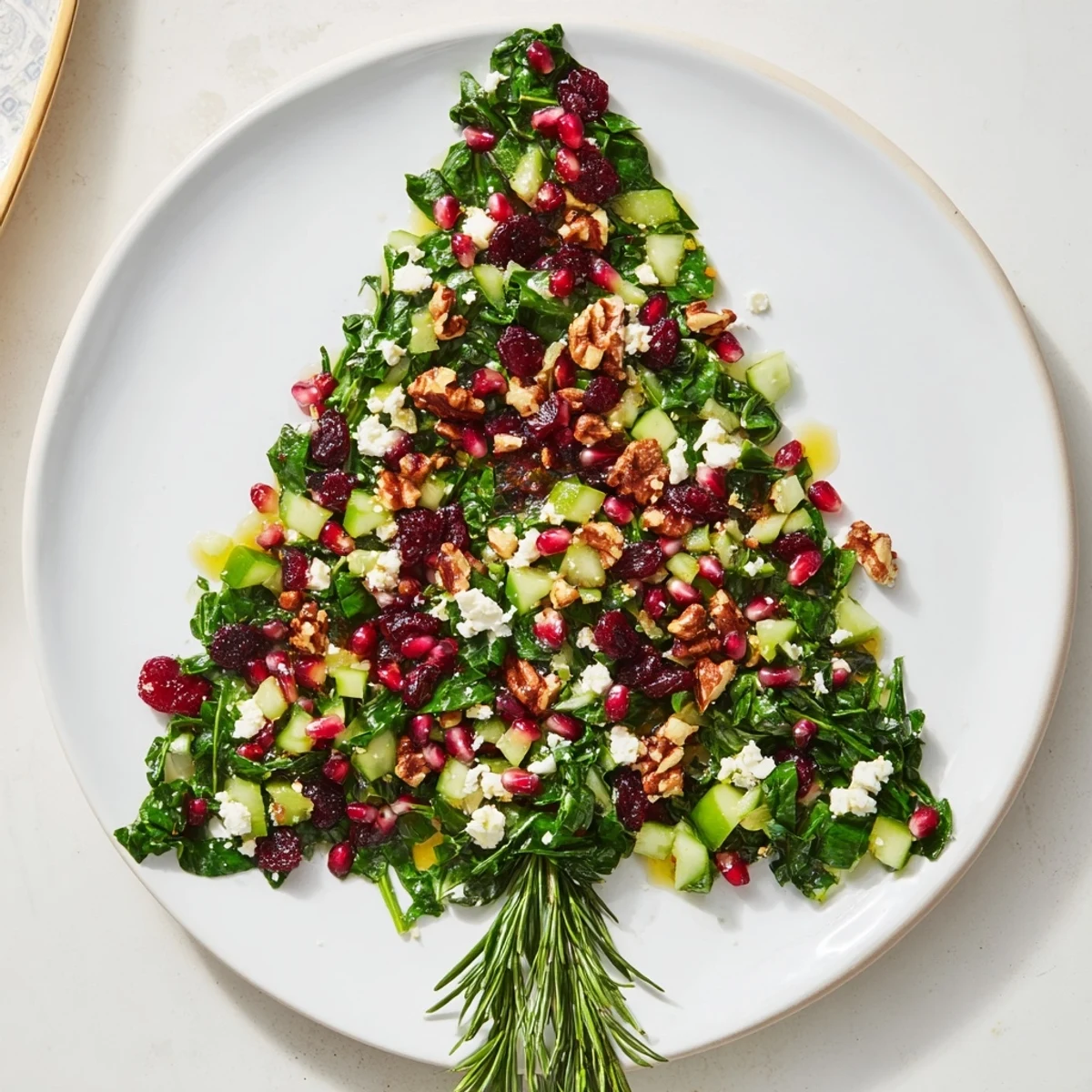 Festive Cranberry & Feta Cheese Tree Dip Salad, a beautifully arranged appetizer with colorful toppings and fresh herbs.