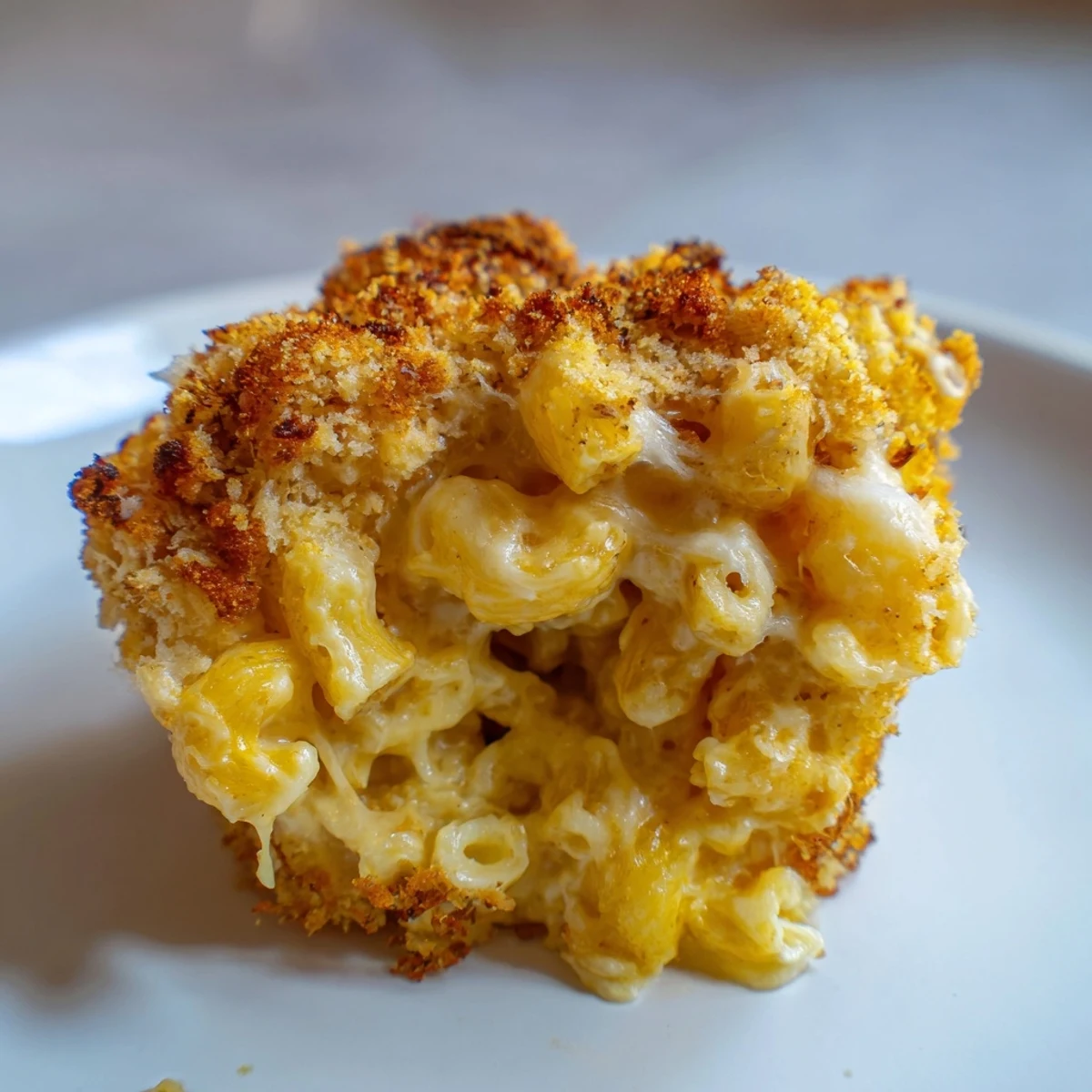 Golden-brown Ditalini Mac and Cheese Bites, each bite oozing a creamy cheese center, ready to eat.