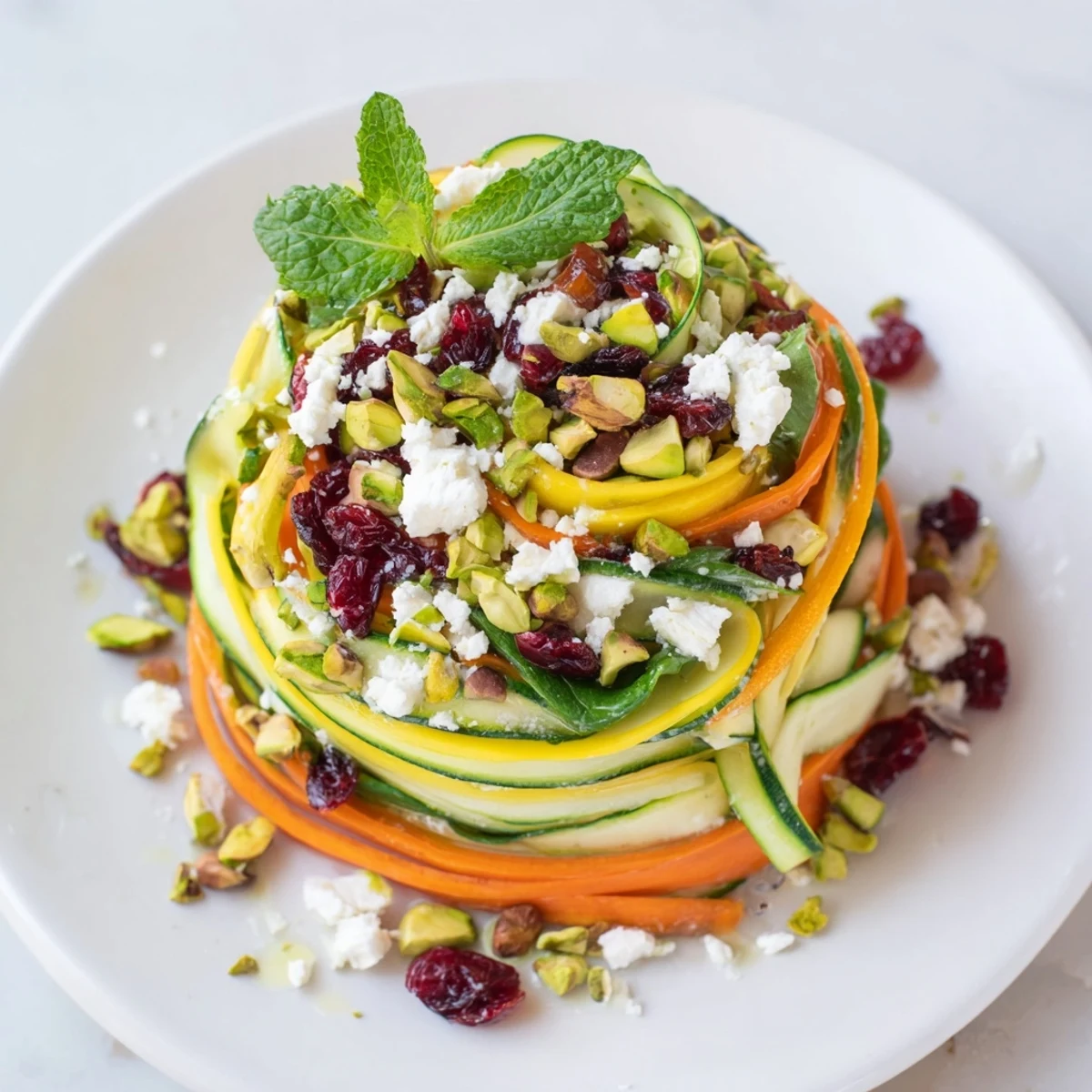 Vibrant Pistachio and Cranberry Ribbon Salad layered with colorful vegetable ribbons, perfect textures for your next gathering.
