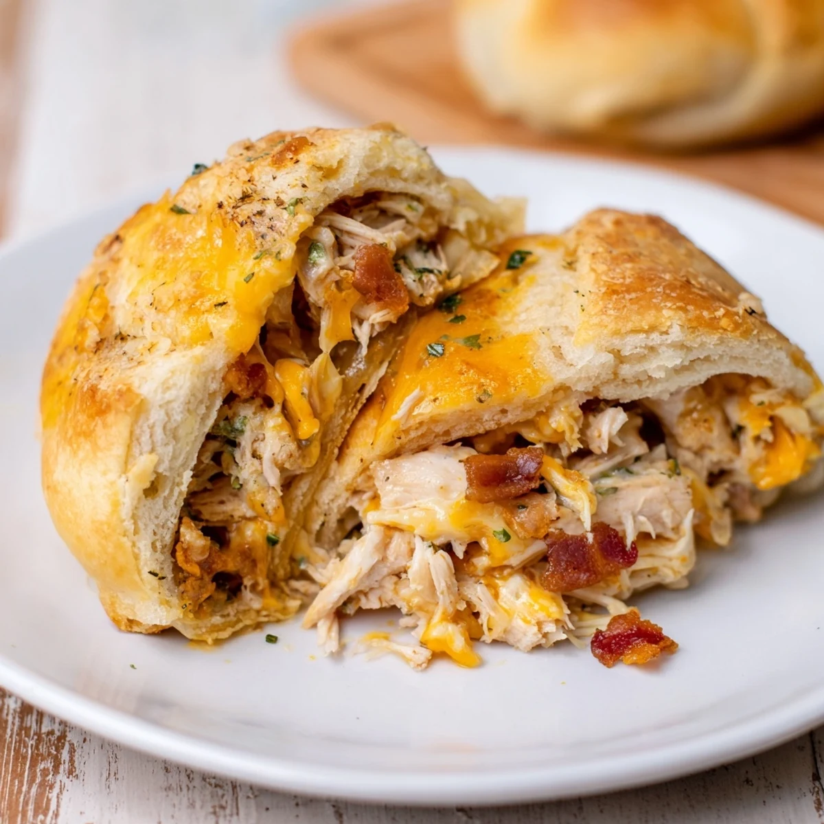 Warm, gooey cheese melting around the savory filling within these Cheesy Chicken and Bacon Crescent Rolls.